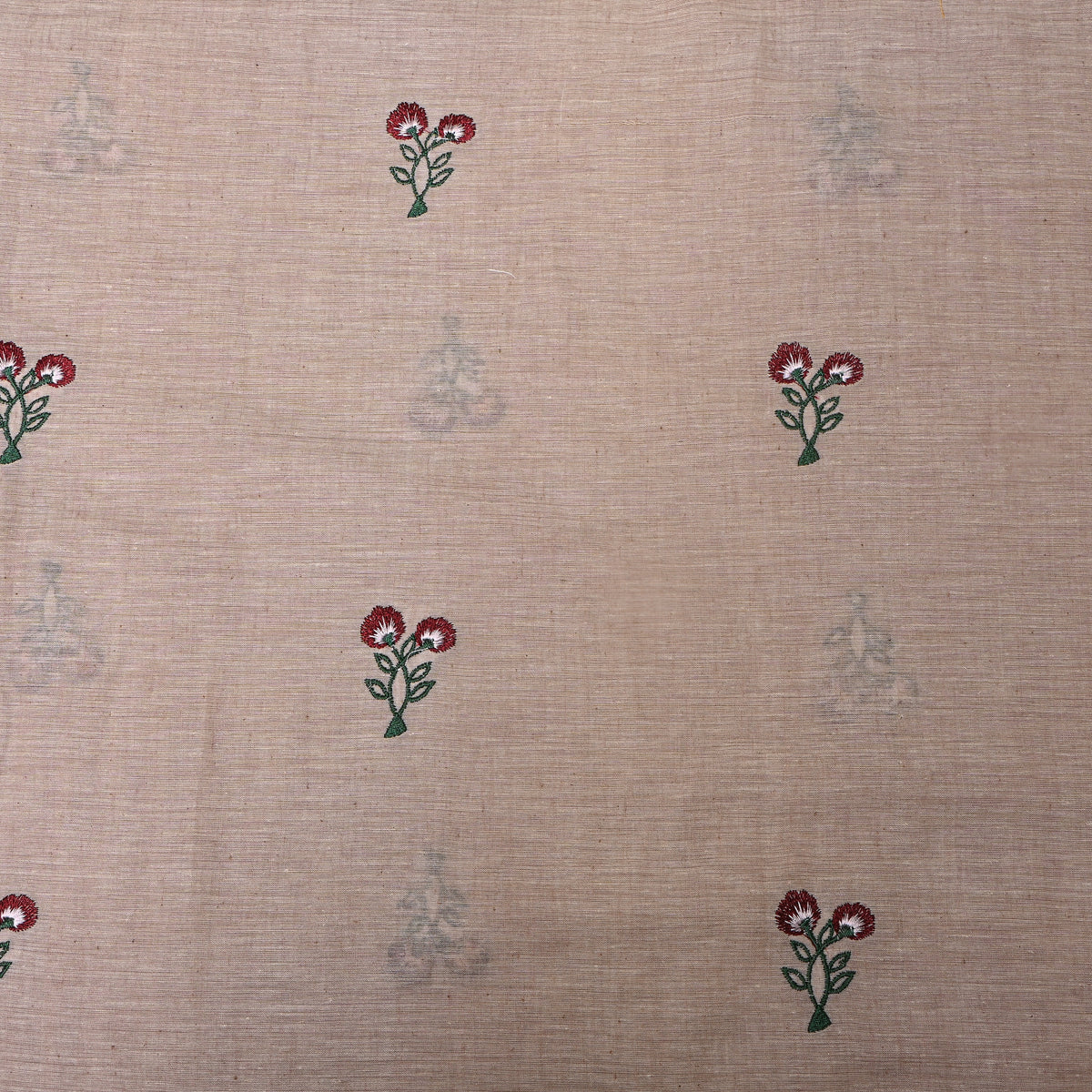 Light Beige With Dark Red Thread Work Floral Butti Cotton Fabric