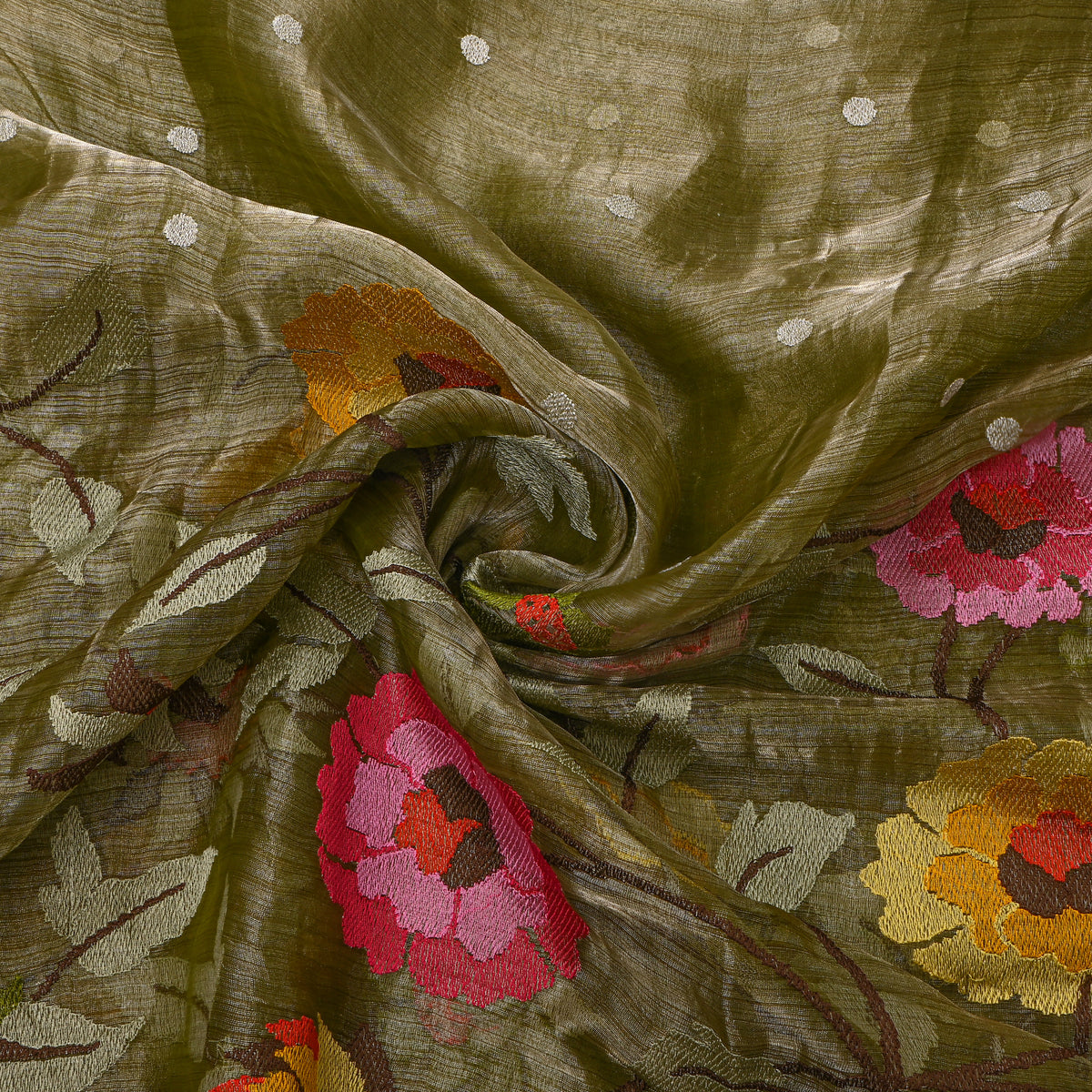 Olive GreenThread Work Embroidery Tissue Fabric