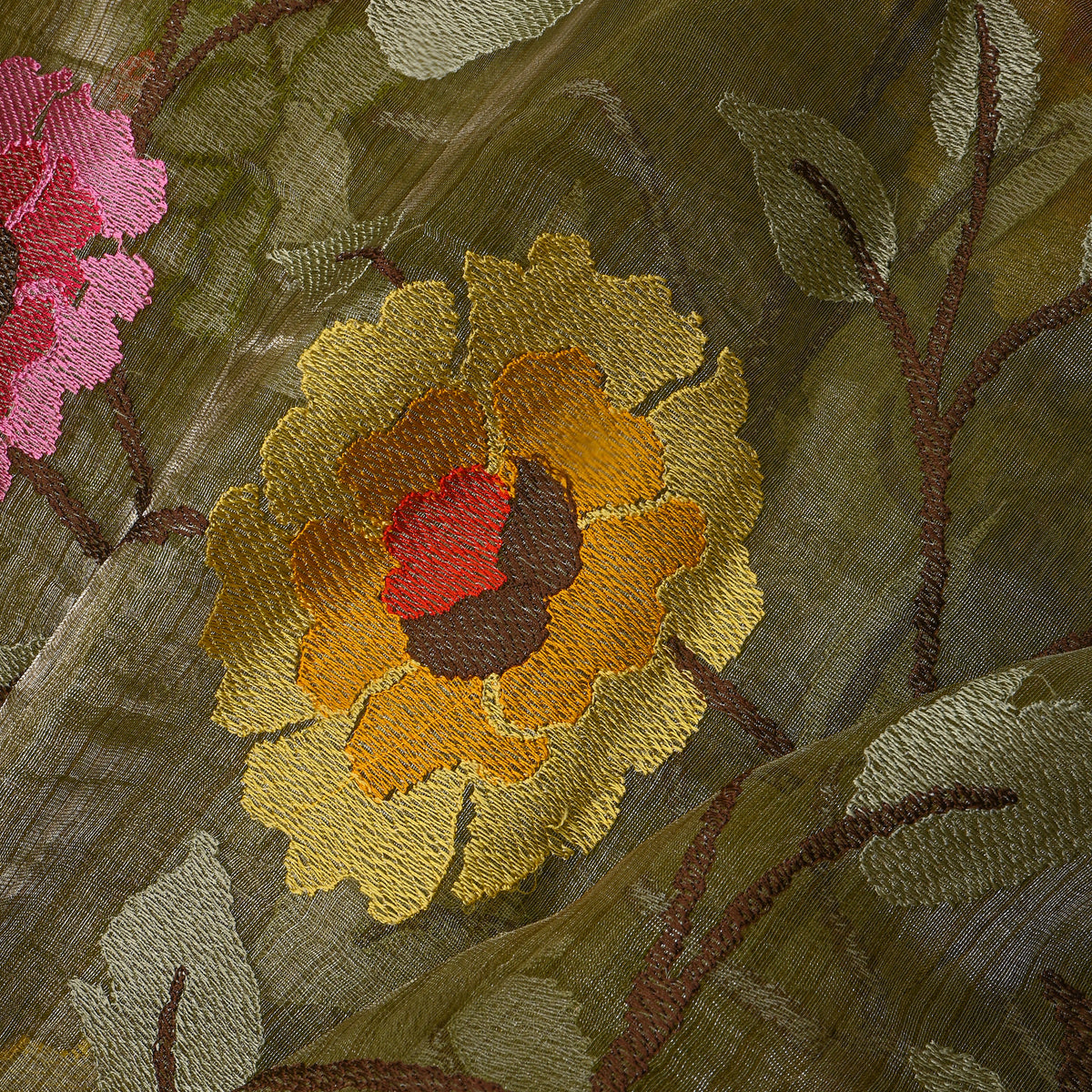Olive GreenThread Work Embroidery Tissue Fabric