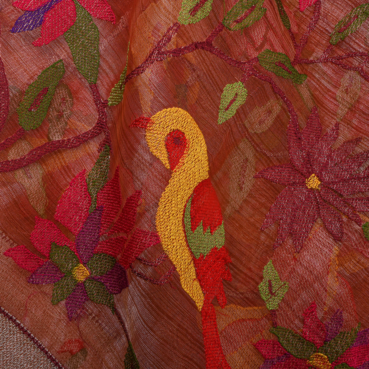 Rust Orange Thread Work Embroidery Tissue Fabric