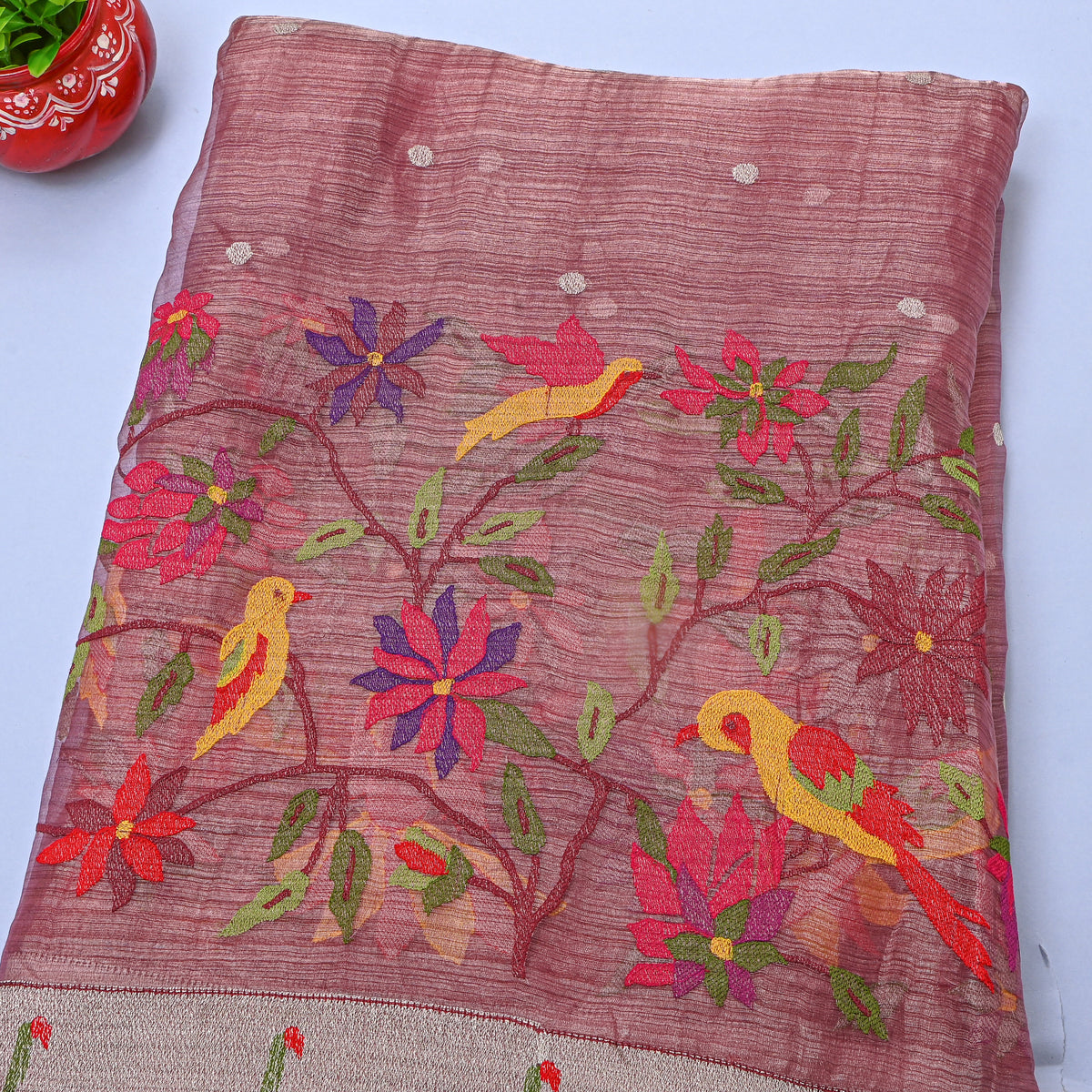 Blush Pink Thread Work Embroidery Tissue Fabric