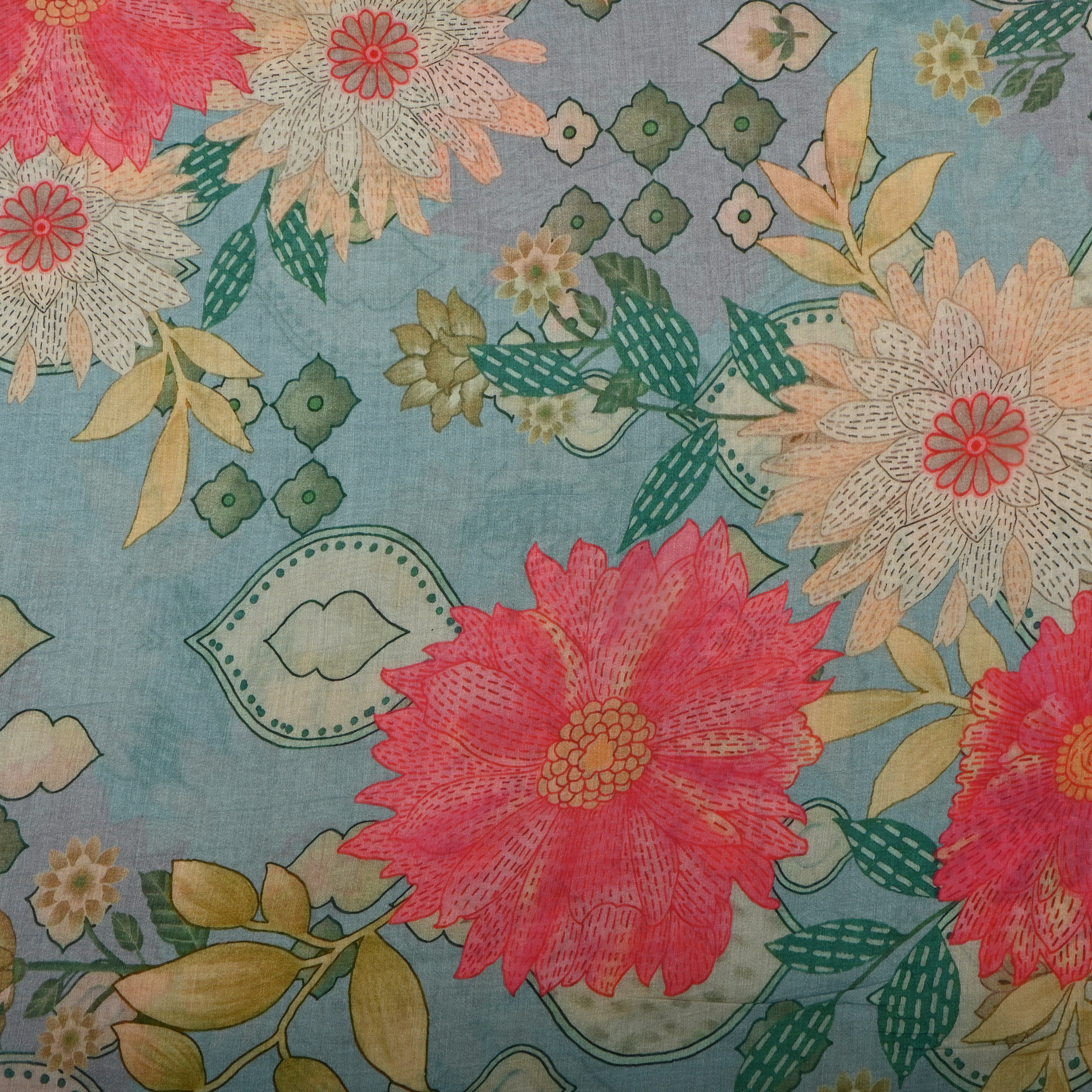 Pale Blue Chanderi Fabric With Floral Prints