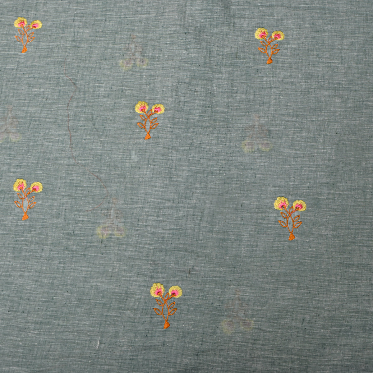 Muted Greyish Green With Yellow Thread Work Floral Butti Cotton Fabric
