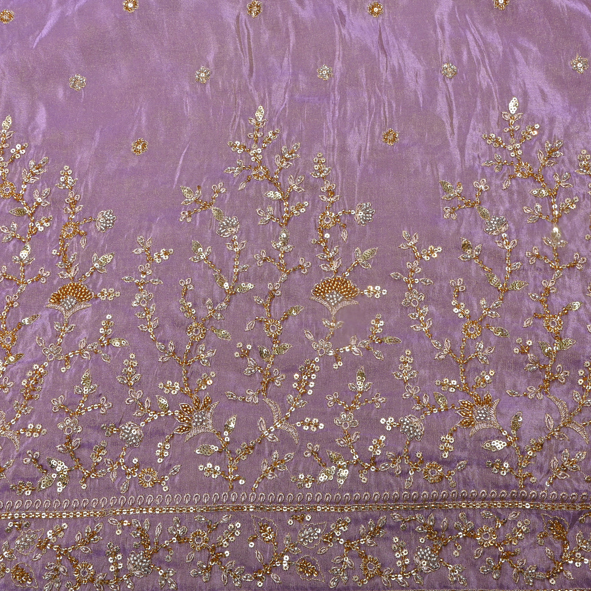 Purple Gold Butti Floral Embroidery Tissue Fabric