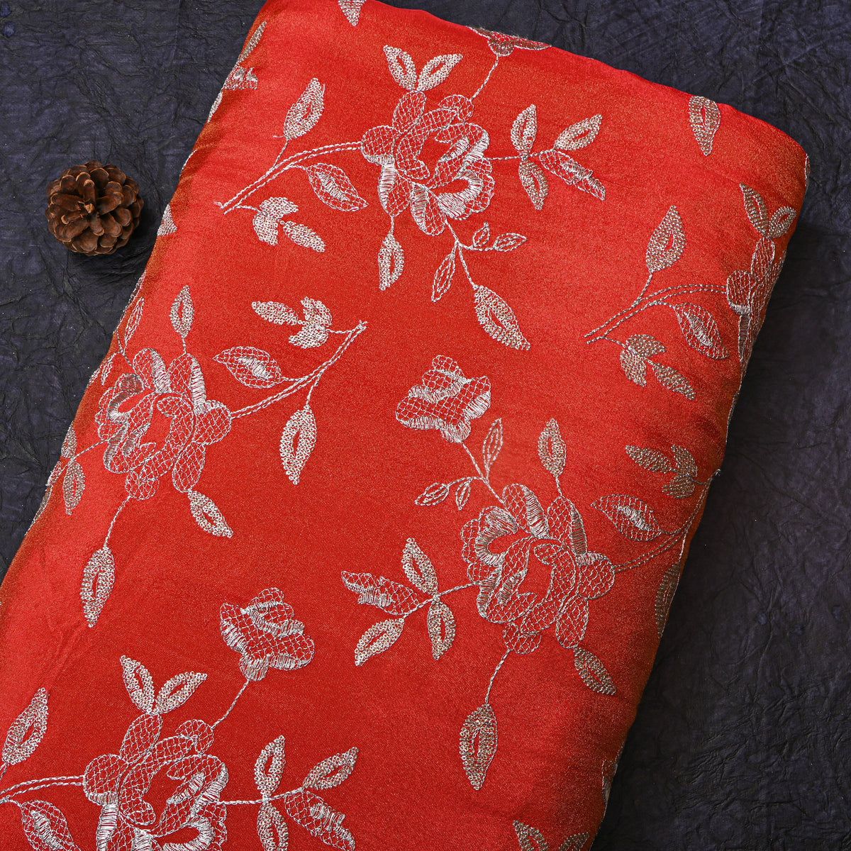 Rust Orange Floral Gold Zari Embroidered Tissue Fabric