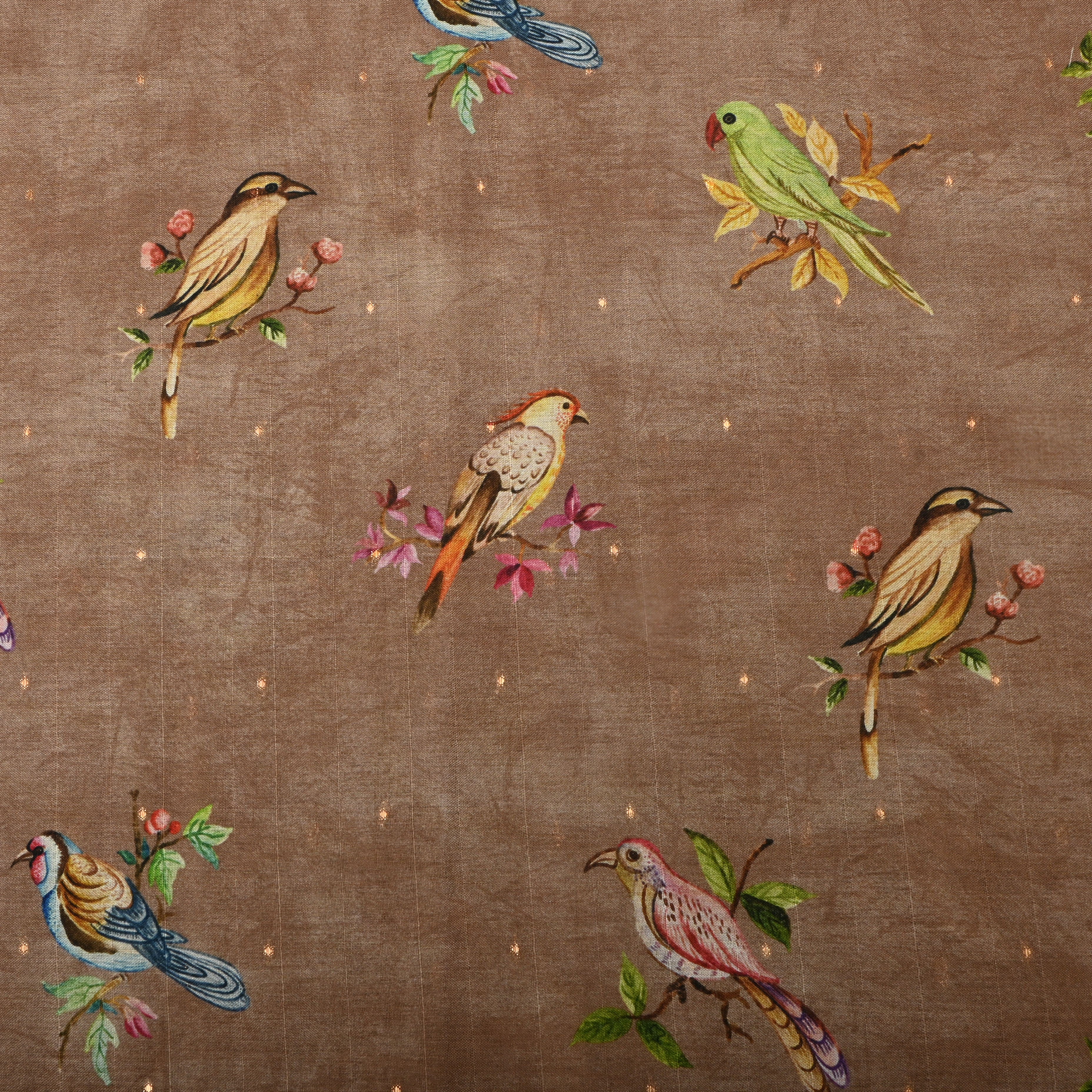 Light Brown Tussar Fabric With Avian Digital Prints