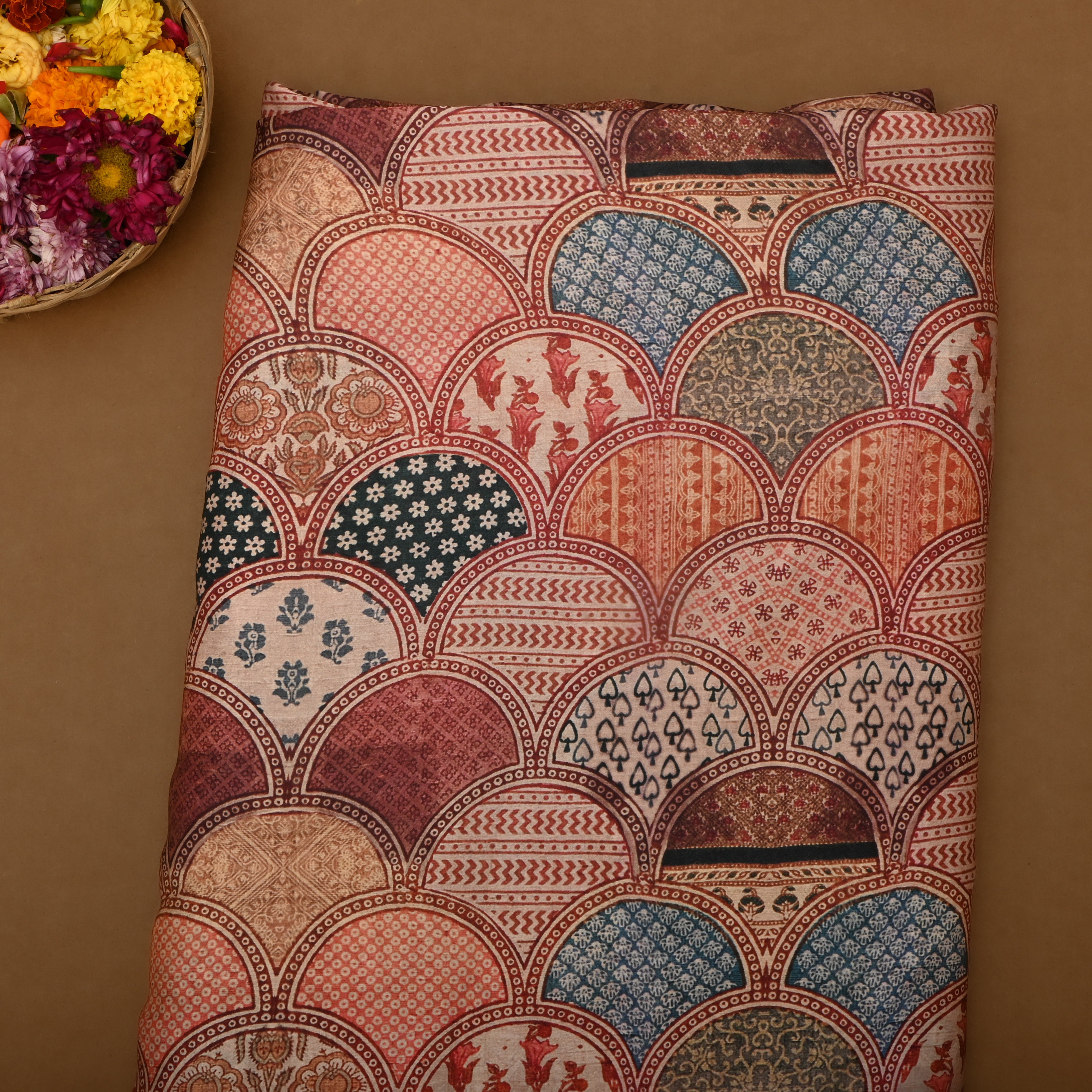 Brown Silk Printed Fabric With Seigaiha Pattern