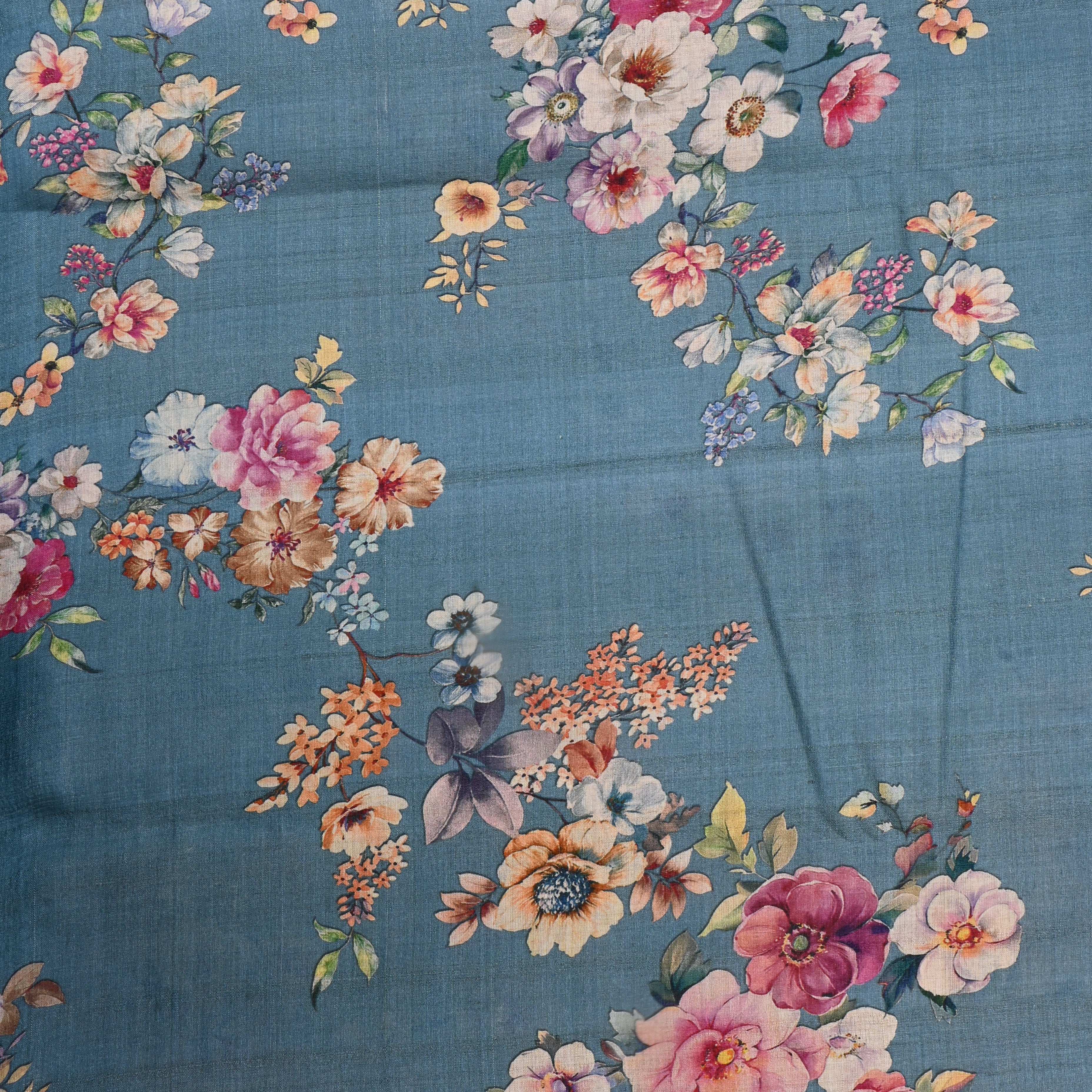 Blue Gray Tussar Fabric With Floral Prints