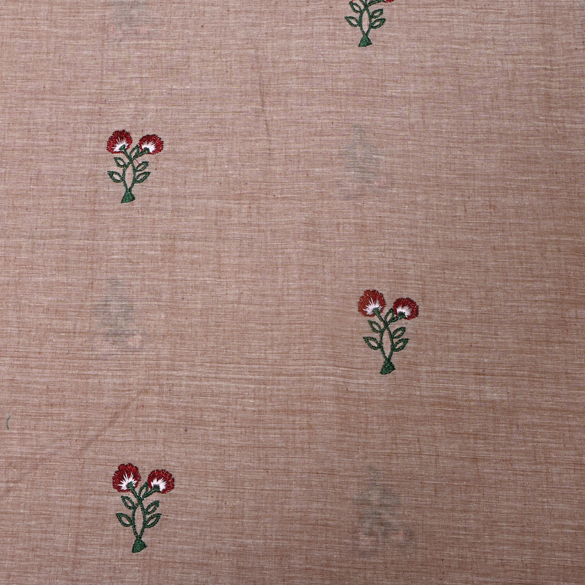 Tan Brown With Dark Red Thread Work Floral Butti Cotton Fabric