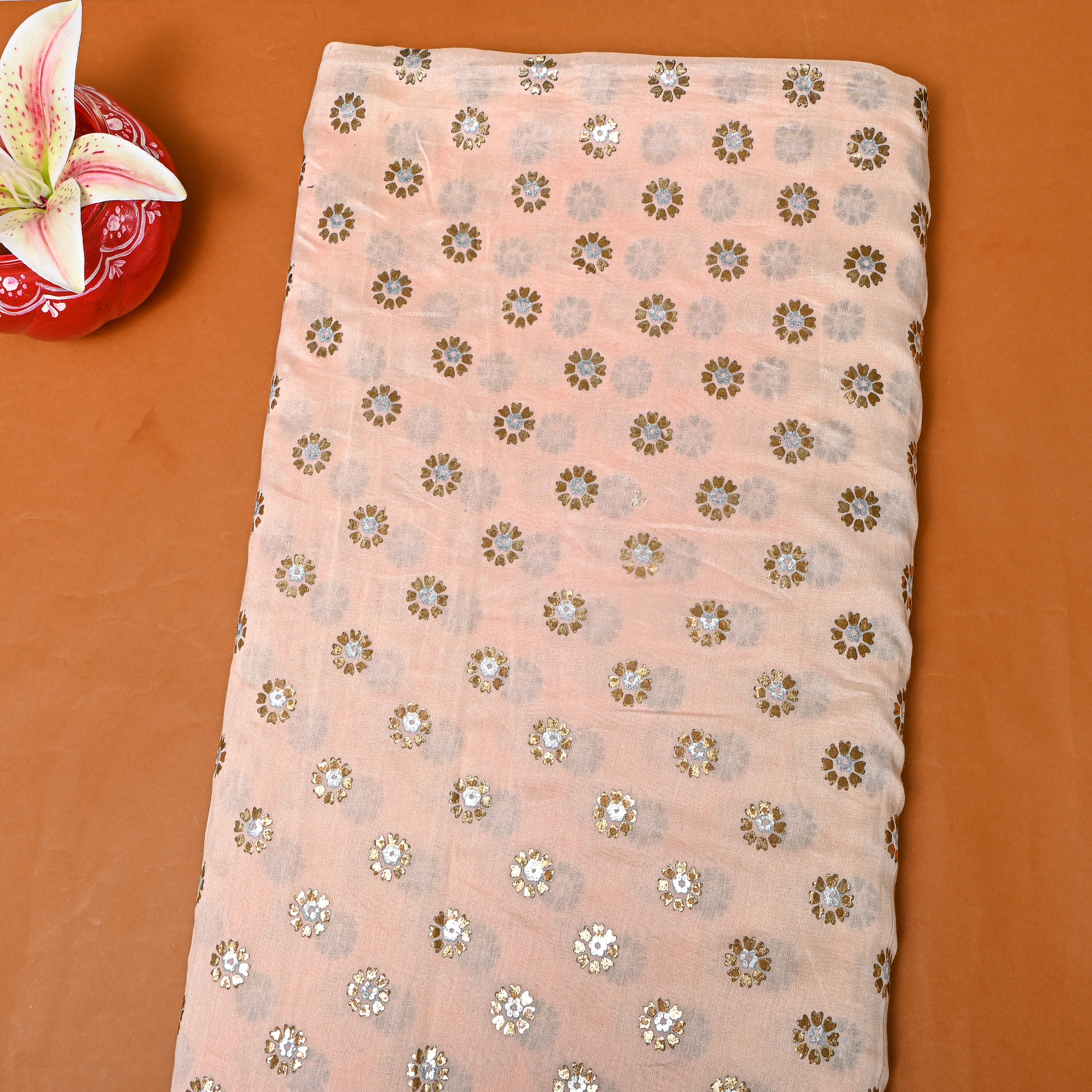 Peach Gold Silver Floral Buti Chanderi Fabric