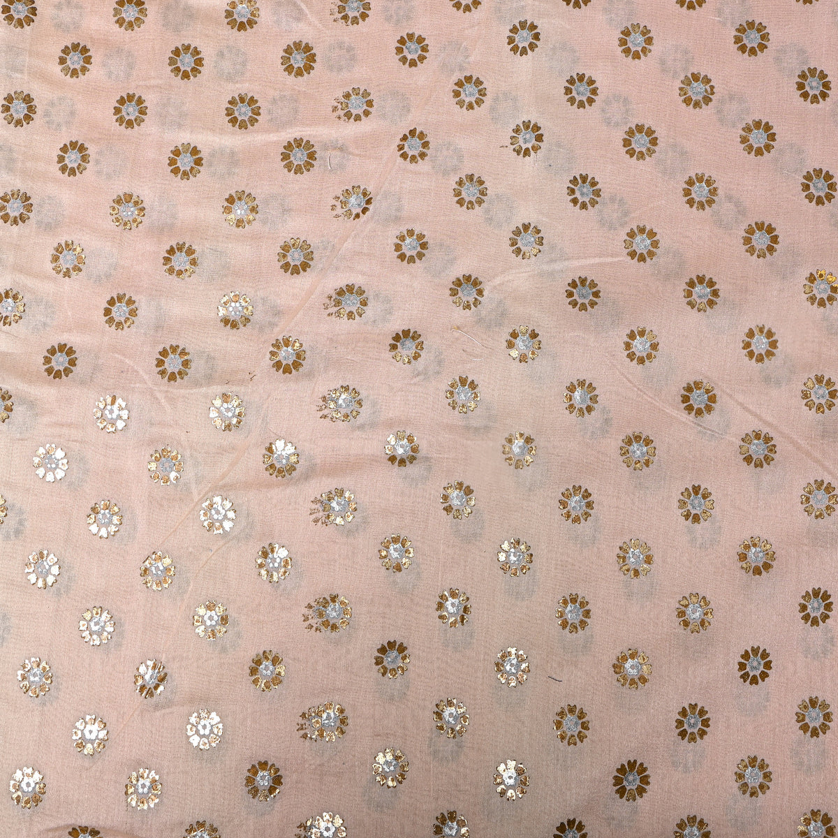 Peach Gold Silver Floral Buti Chanderi Fabric