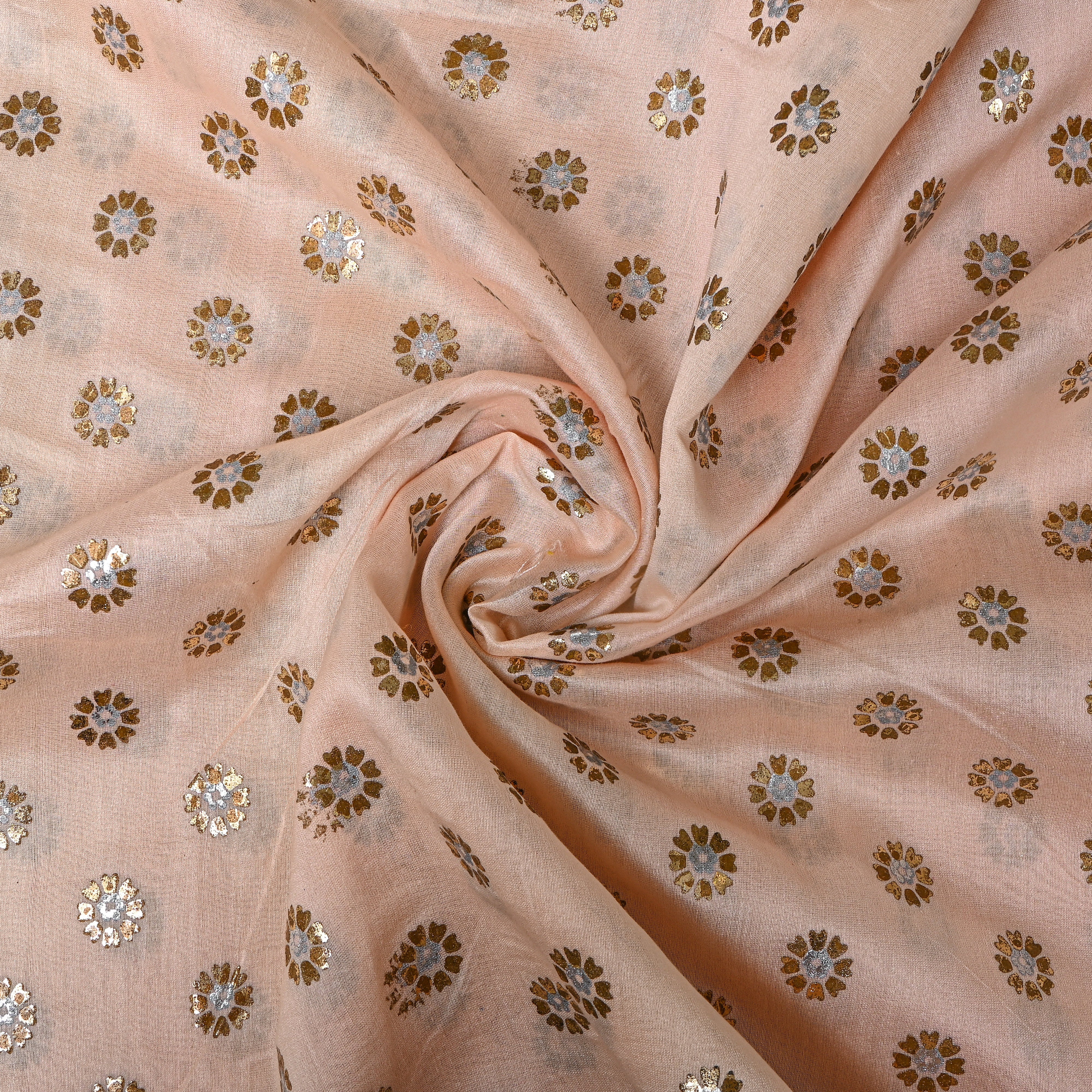 Peach Gold Silver Floral Buti Chanderi Fabric