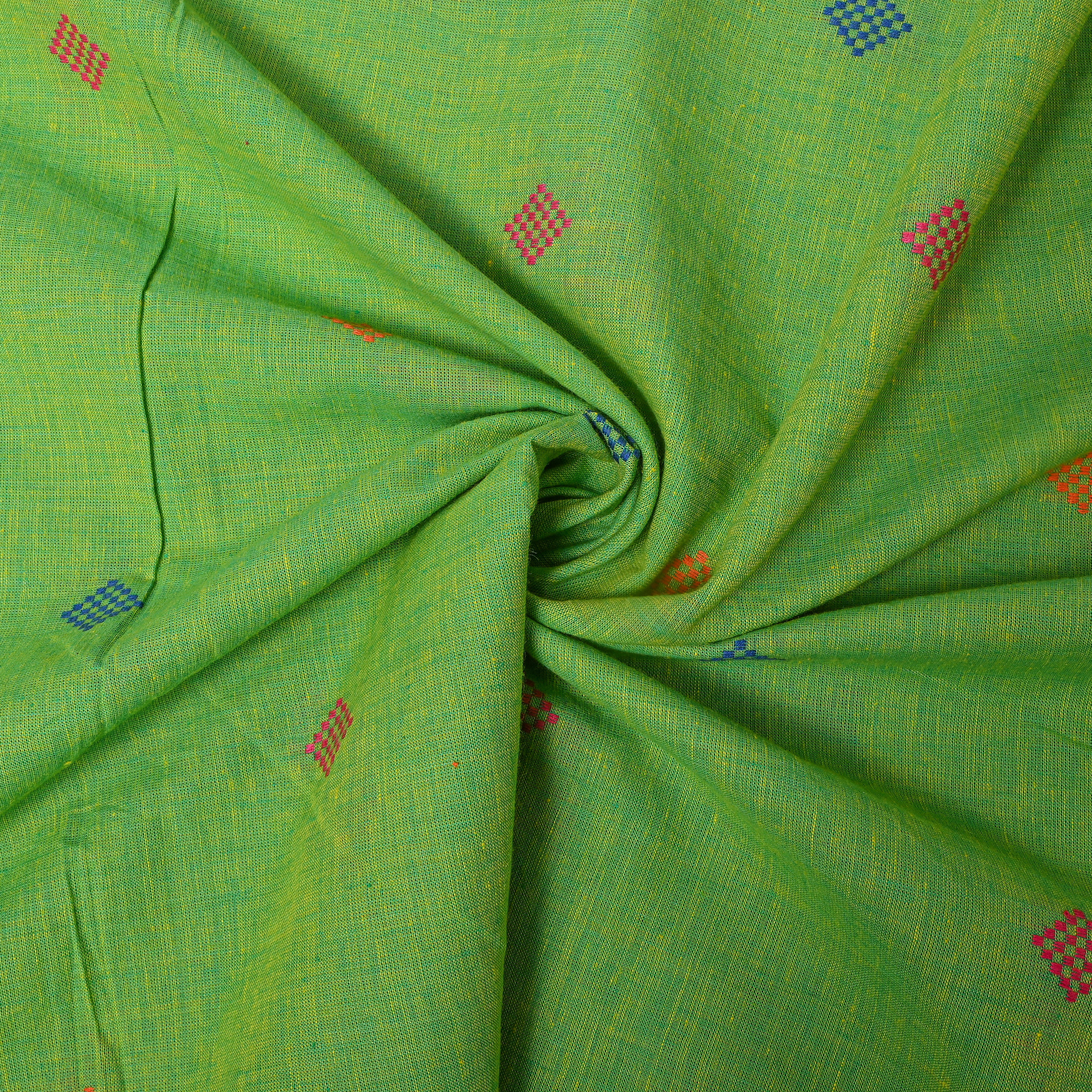 Green Multicolour Diamond Thread Work Botti Cotton Fabric
