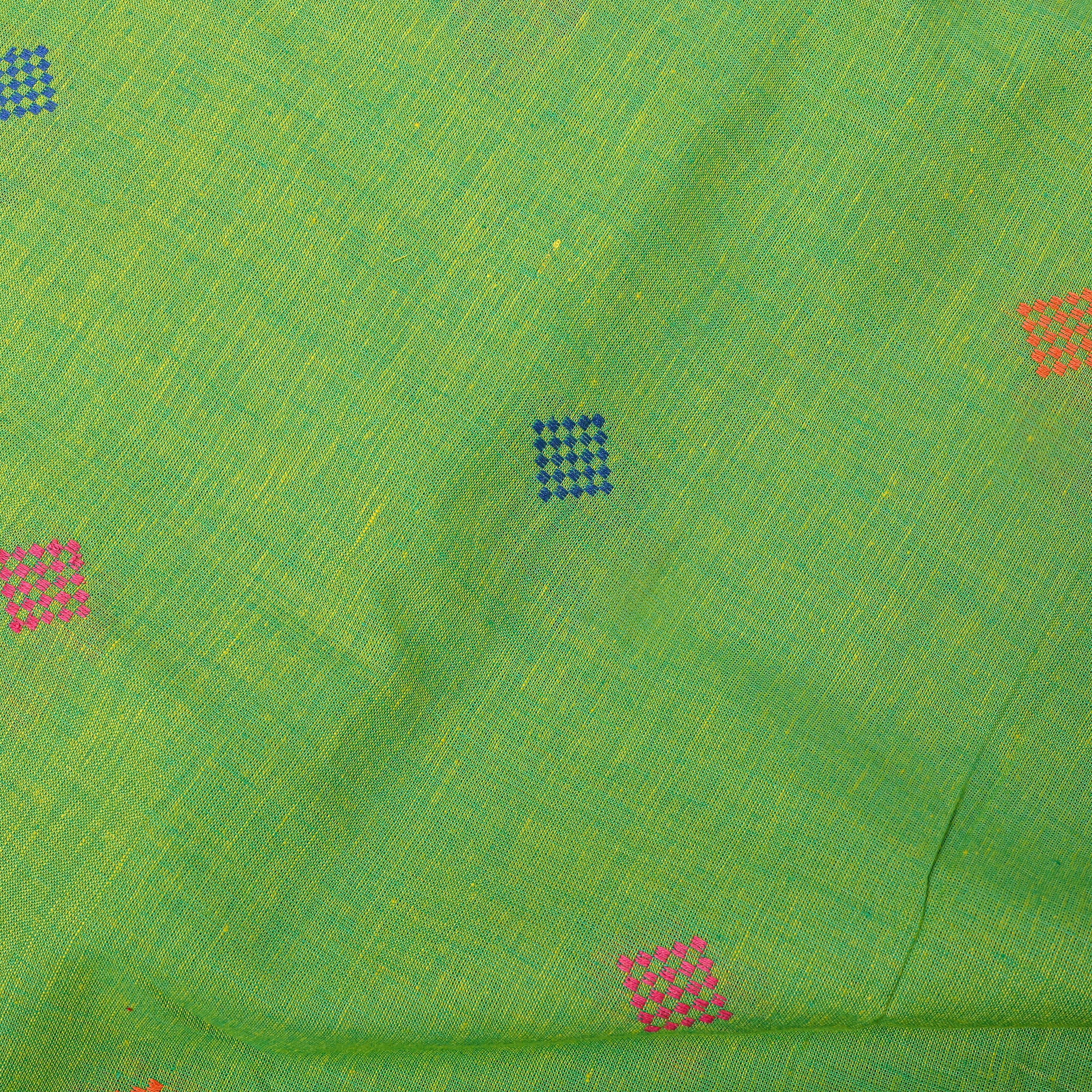 Green Multicolour Diamond Thread Work Botti Cotton Fabric