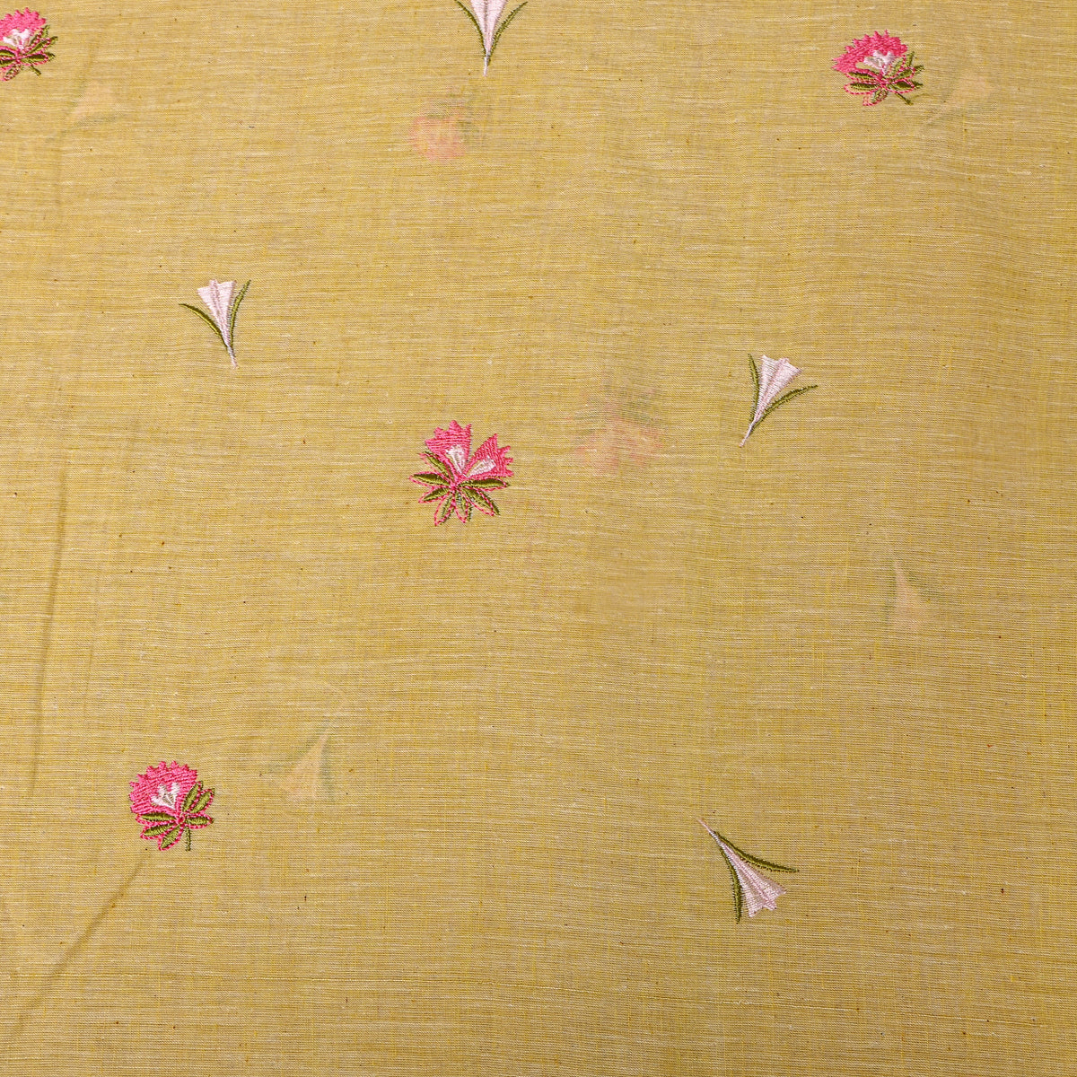 Bright Yellow With Pink Thread Work Butti Cotton Fabric