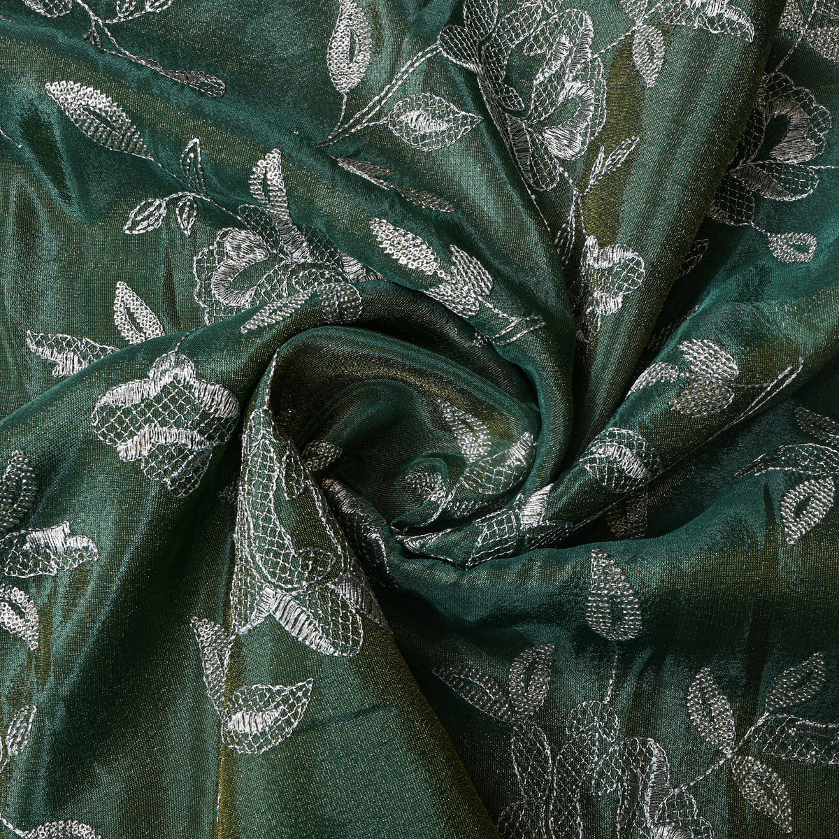 Emerald Green Floral Silver Zari Embroidered Tissue Fabric