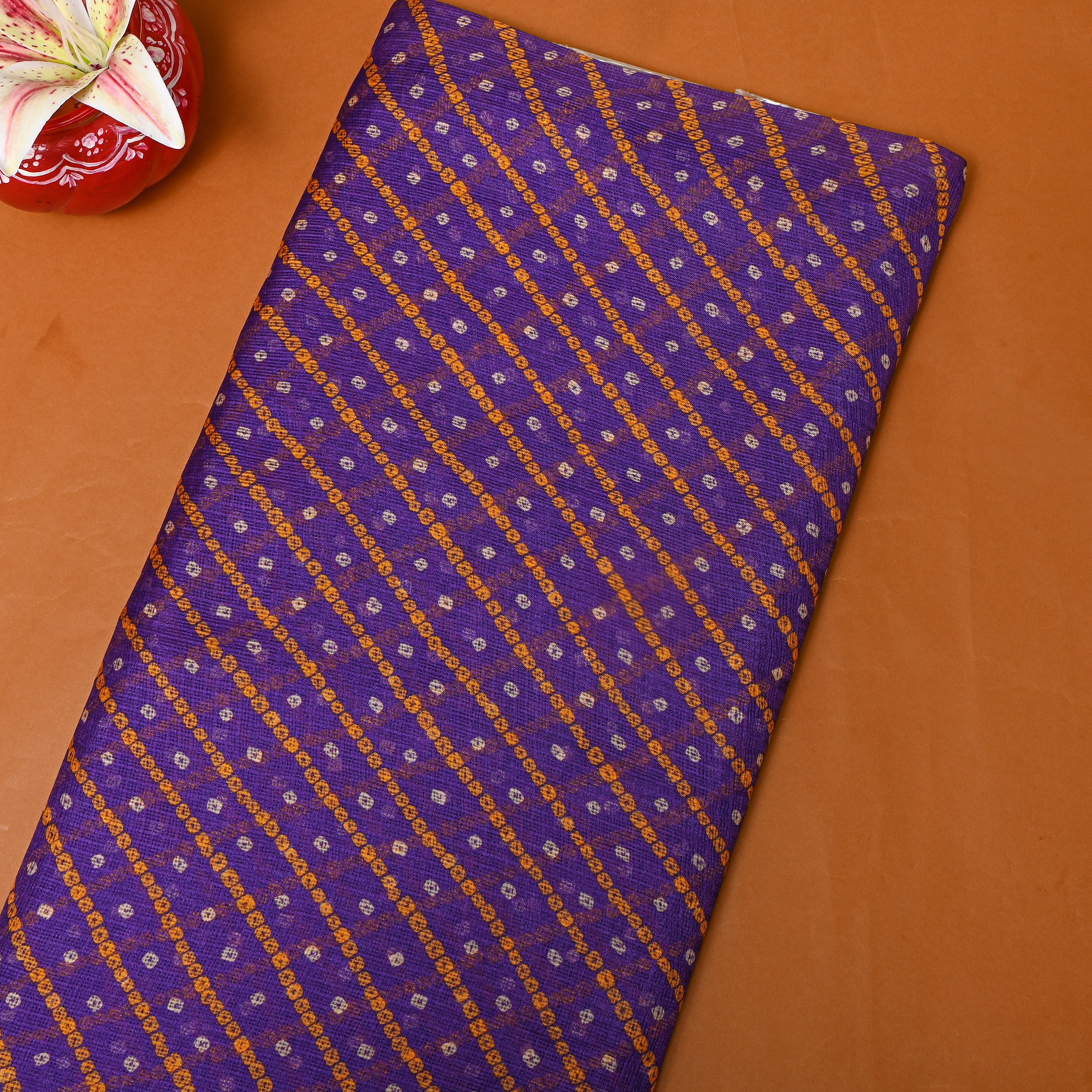 Purple And Orange Bandhani Kota Fabric