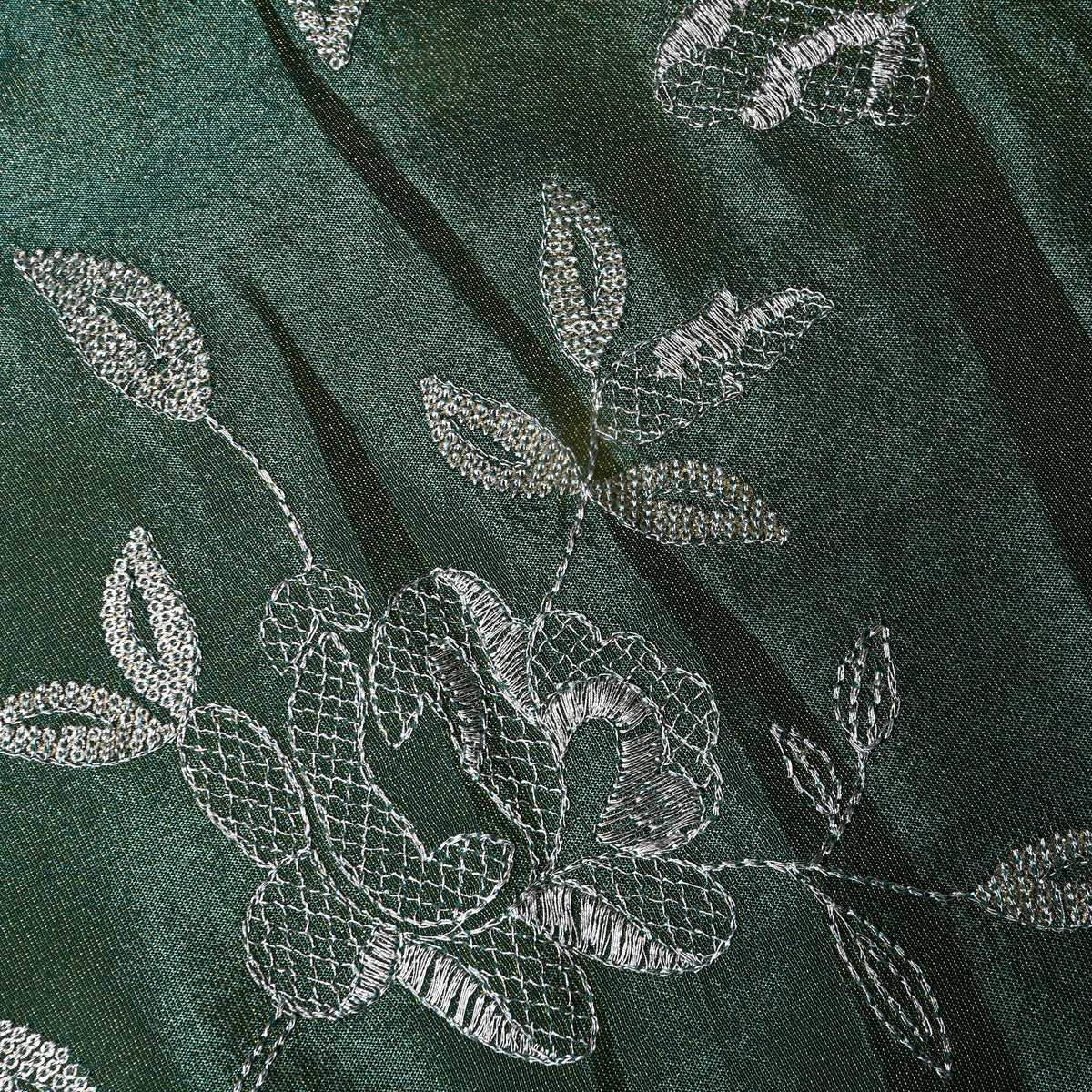 Emerald Green Floral Silver Zari Embroidered Tissue Fabric