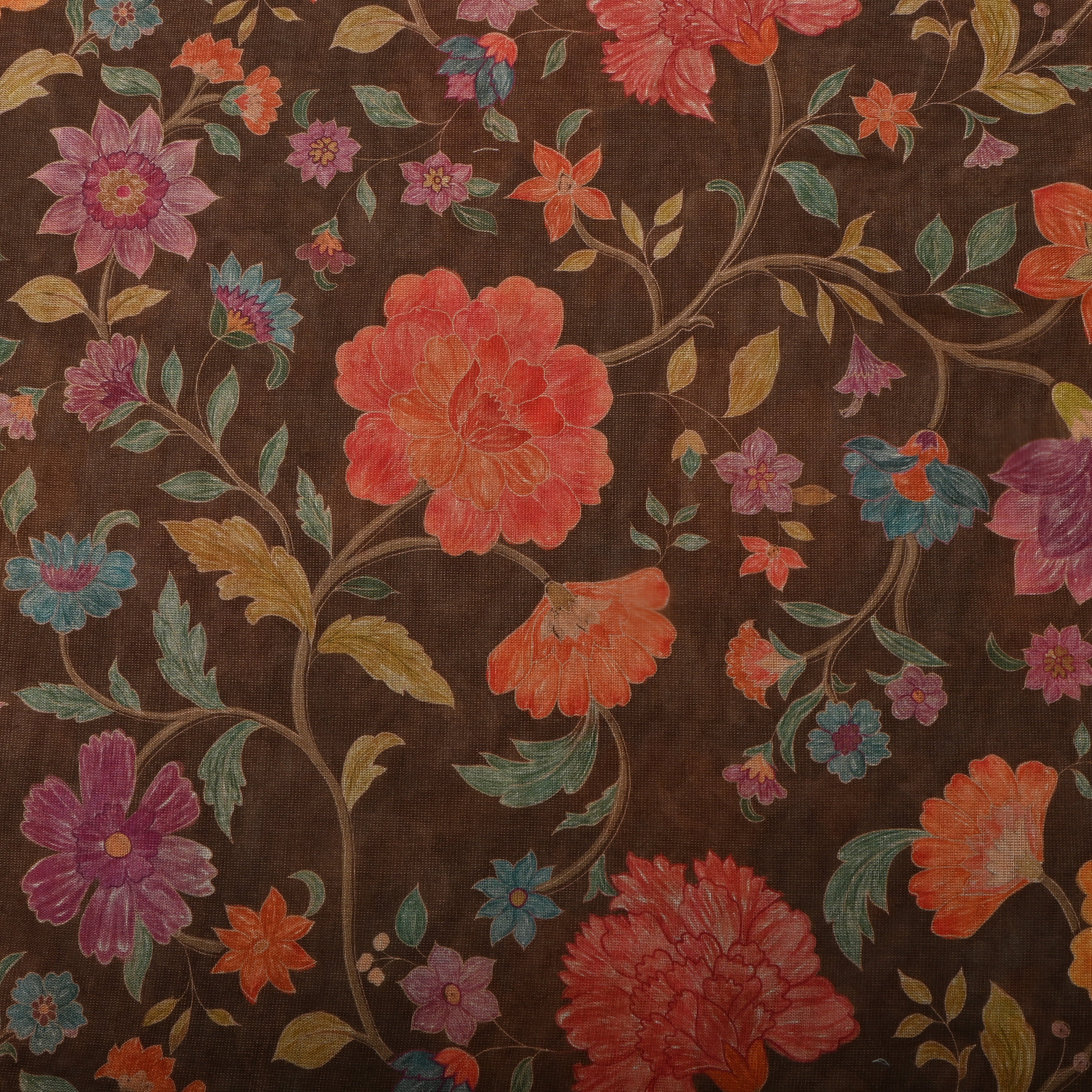 Dark Brown Tissue Fabric With Floral Prints