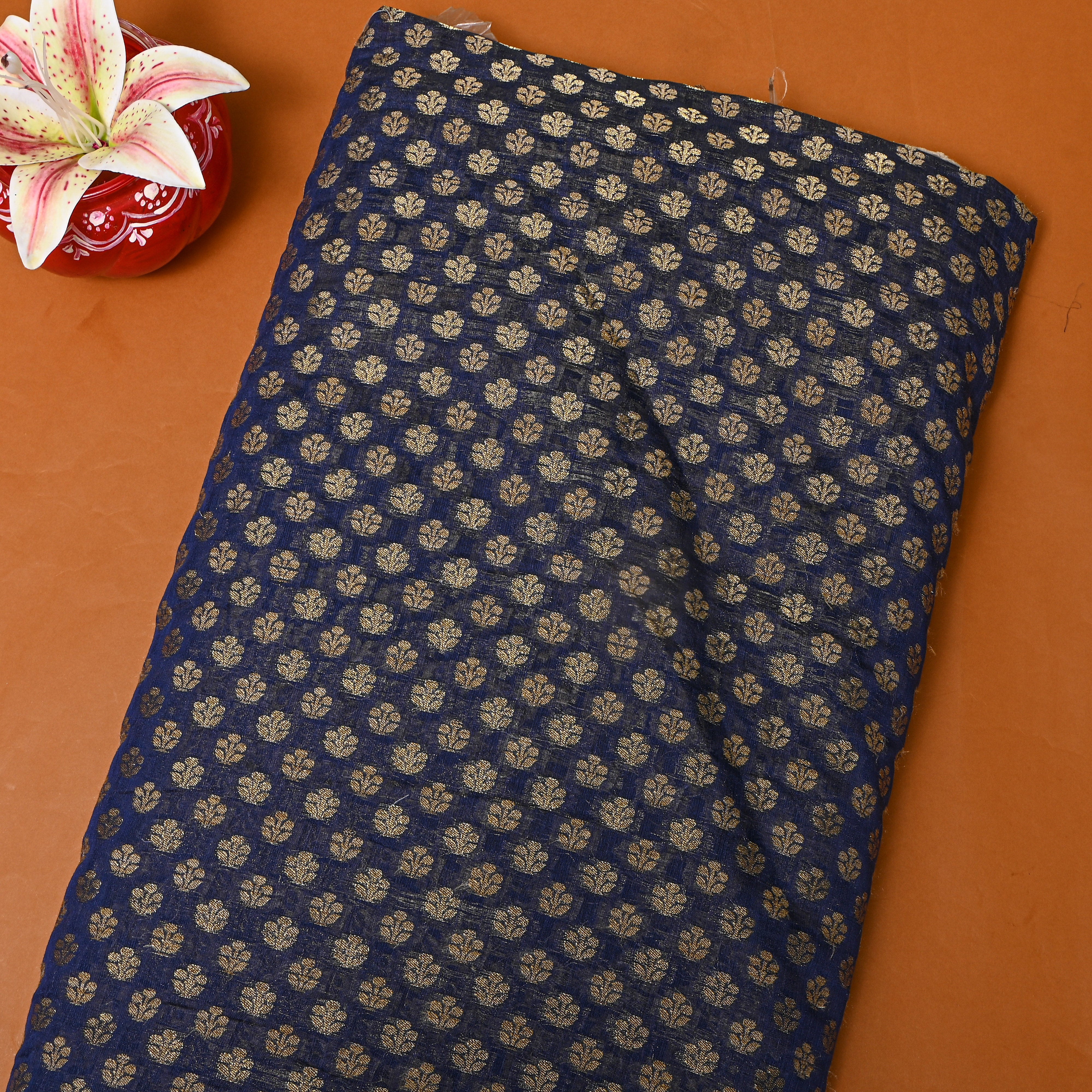 Royal Blue Gold Floral Booti Cotton Fabric