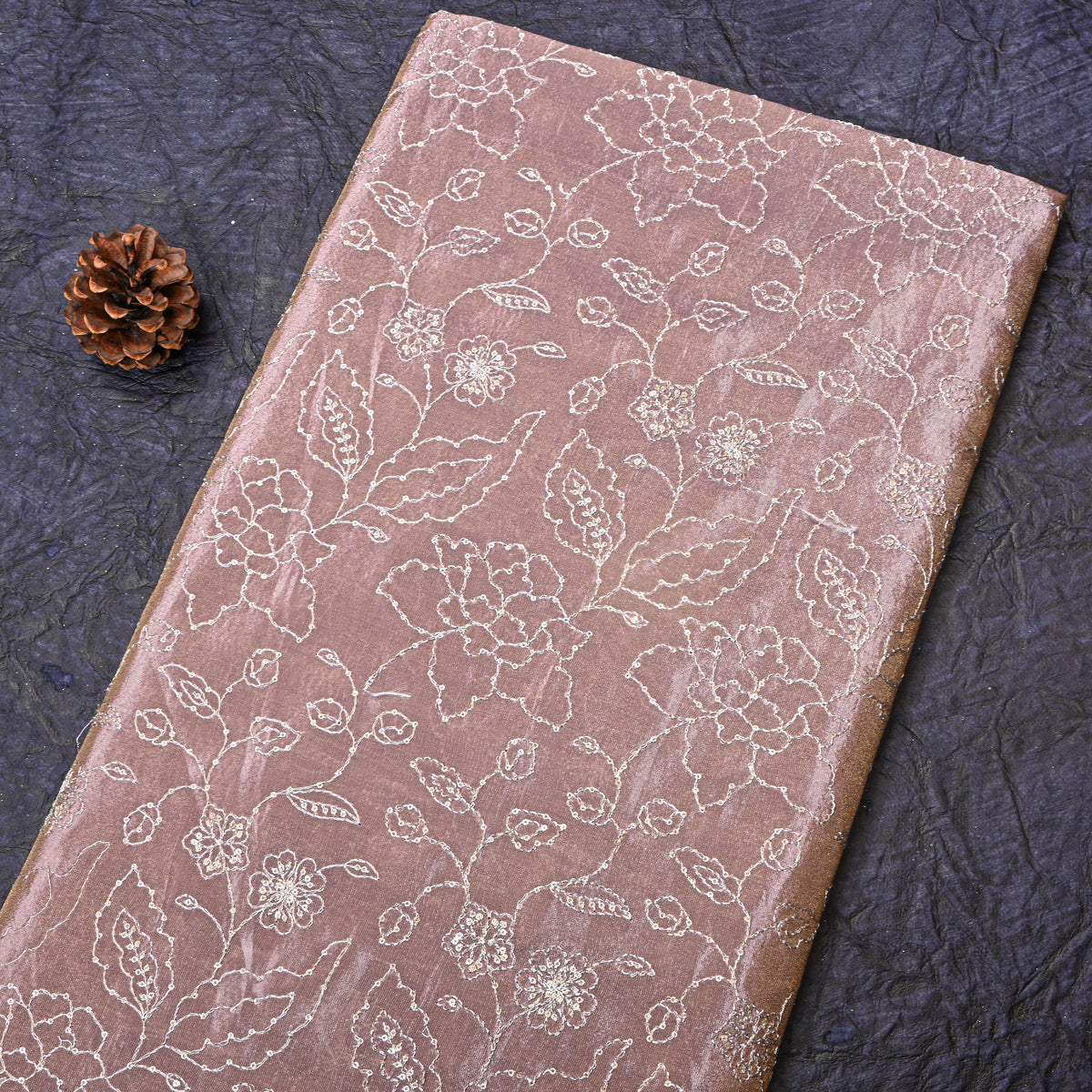 Ash Rose Silver Zari Floral Jaal Embroidery Tissue Fabric