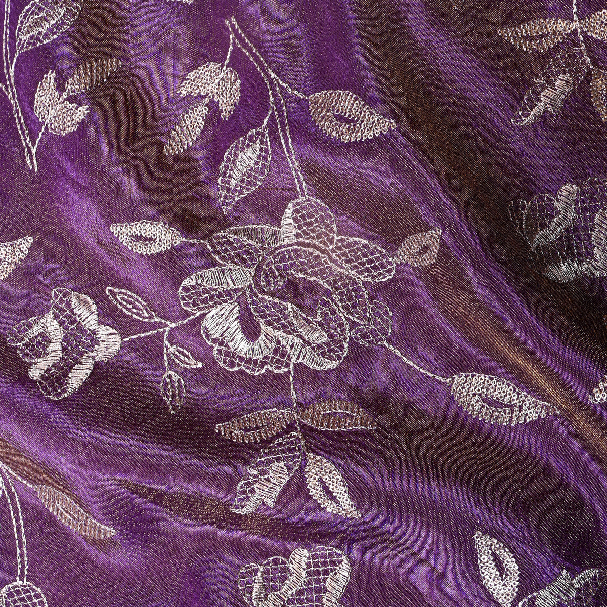 Grape Purple Silver Zari Floral Embroidery Tissue Fabric