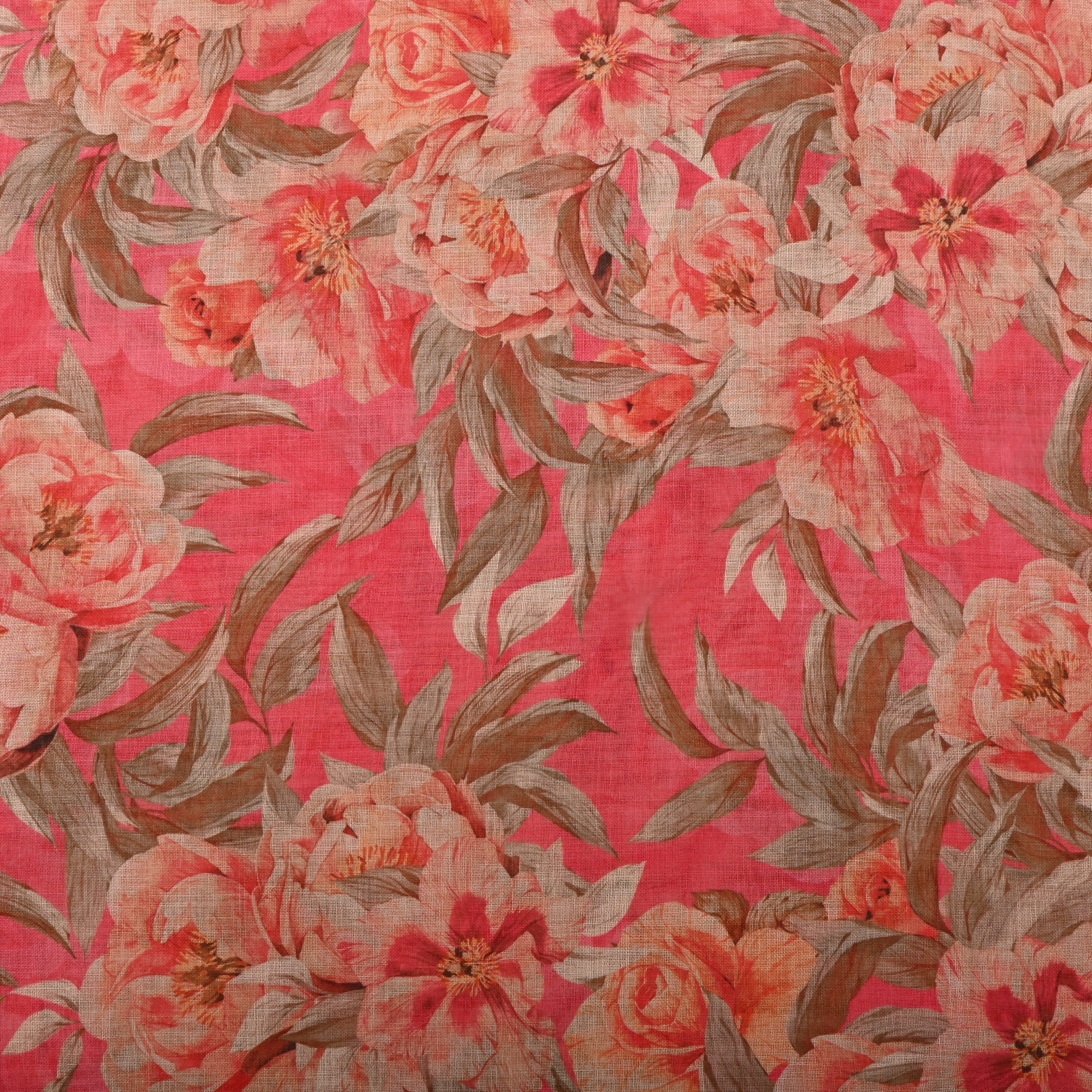 Rose Pink Floral Printed Linen Fabric