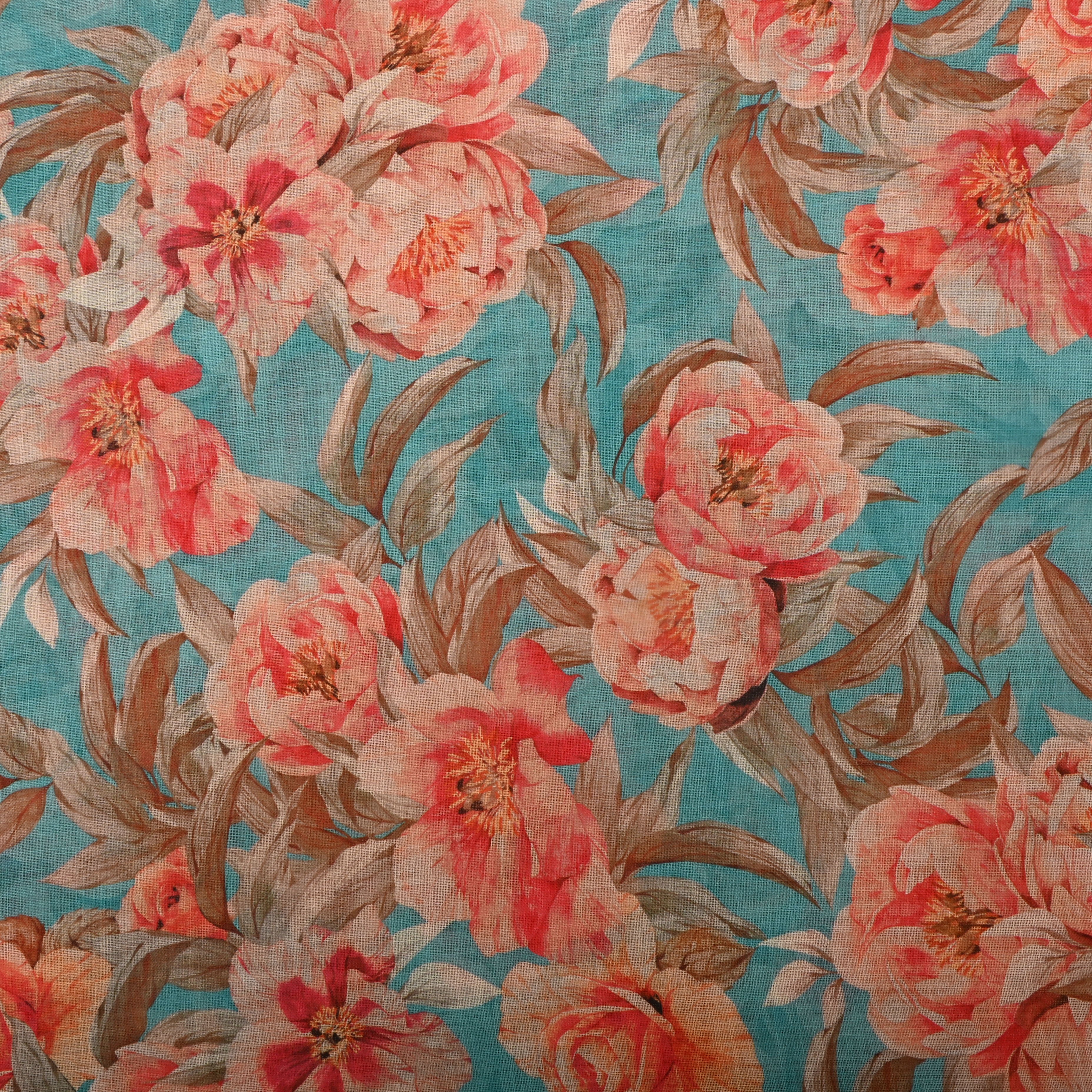 Blue Hosta Linen Fabric With Printed Design