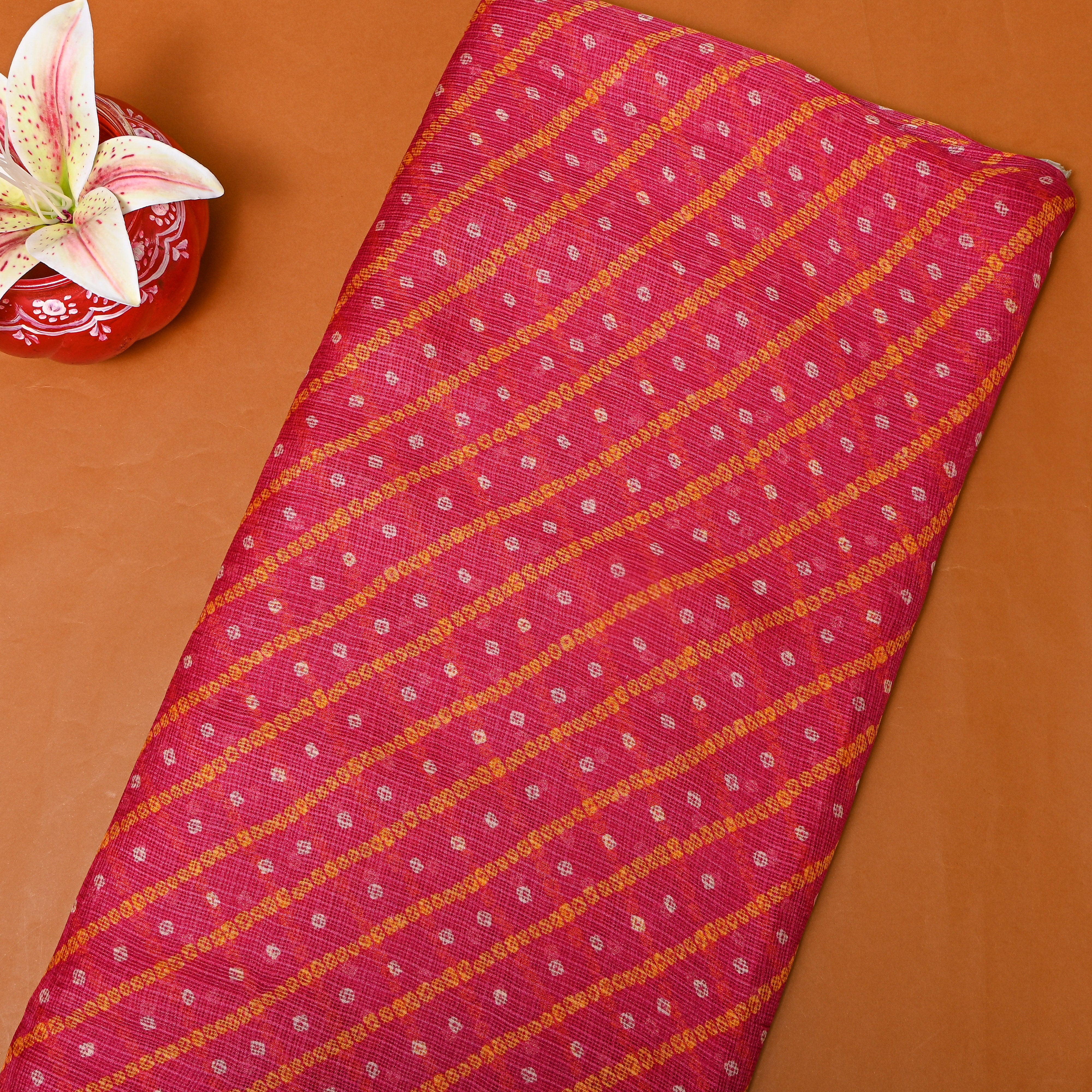 Red And Orange Bandhani Kota Fabric