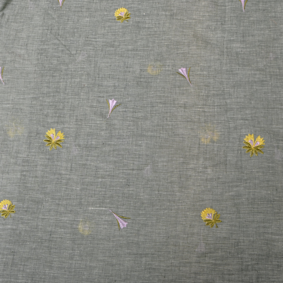 Dark Gray With Mustard Thread Work Butti Cotton Fabric
