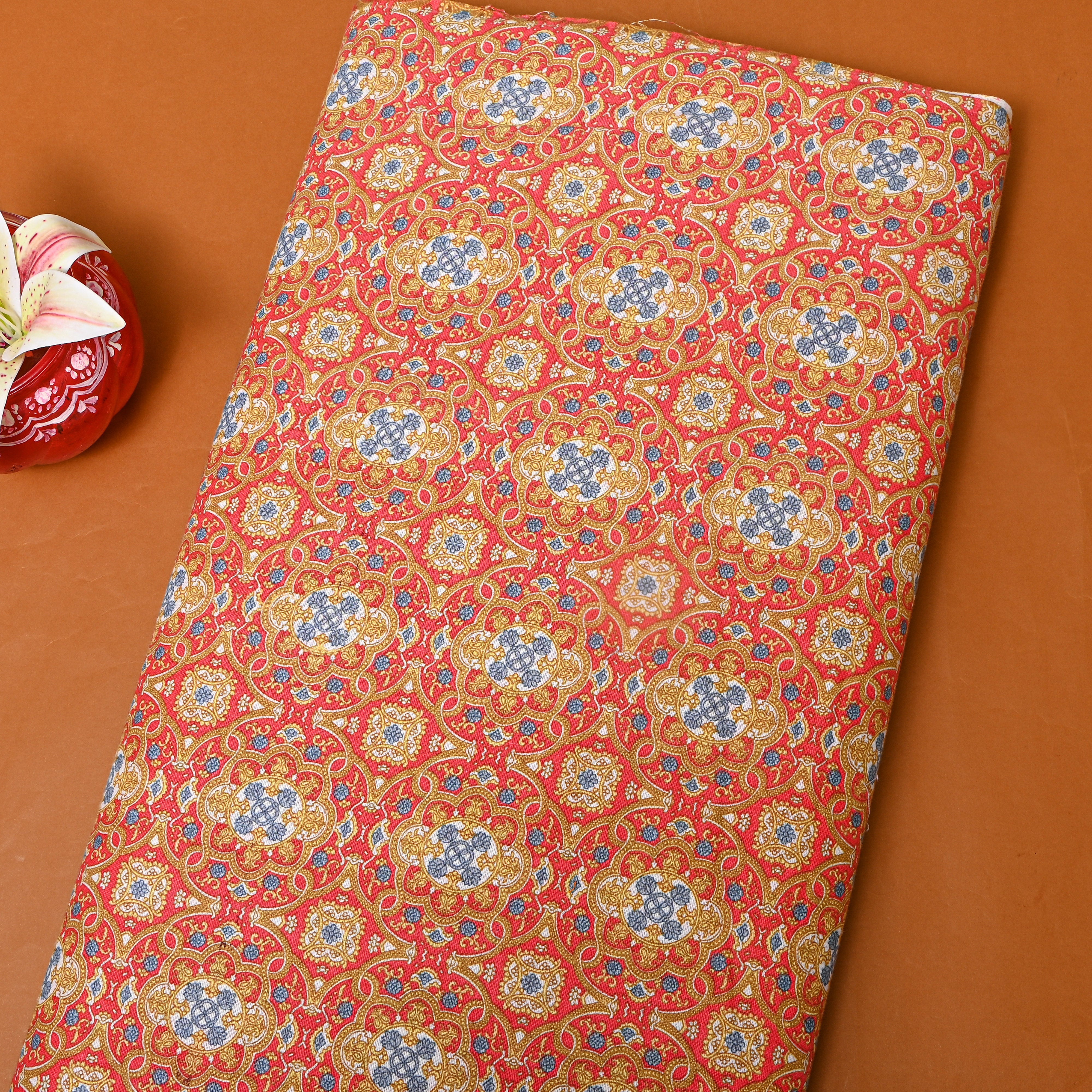 Orange Multicolour Medallion Printed Cotton Fabric