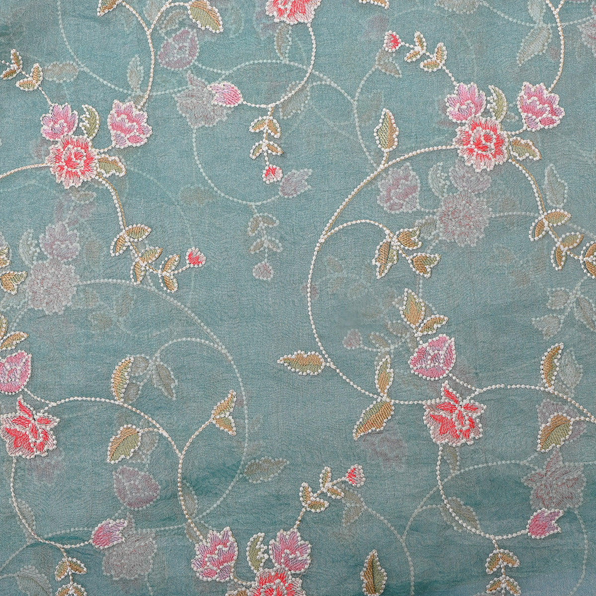 Dusty Aqua Organza Tissue With Floral Thread Embroidery