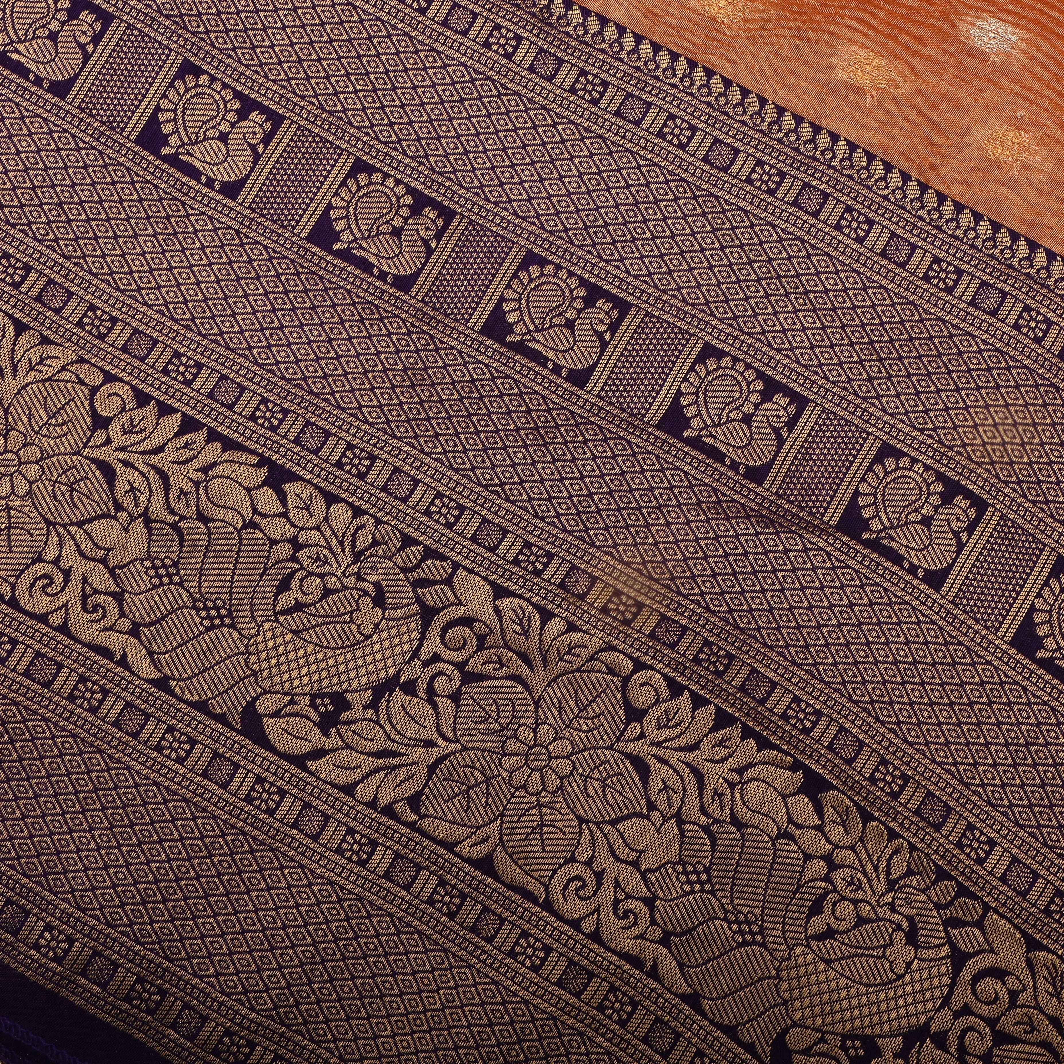 Terracotta Brown Kanchi Zari Motifs Border Jamawar Tissue Fabric