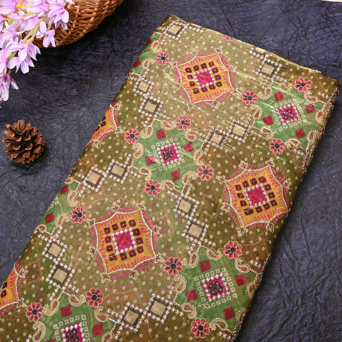 Olive Green Bandhani Geometric Print Tissue Fabric