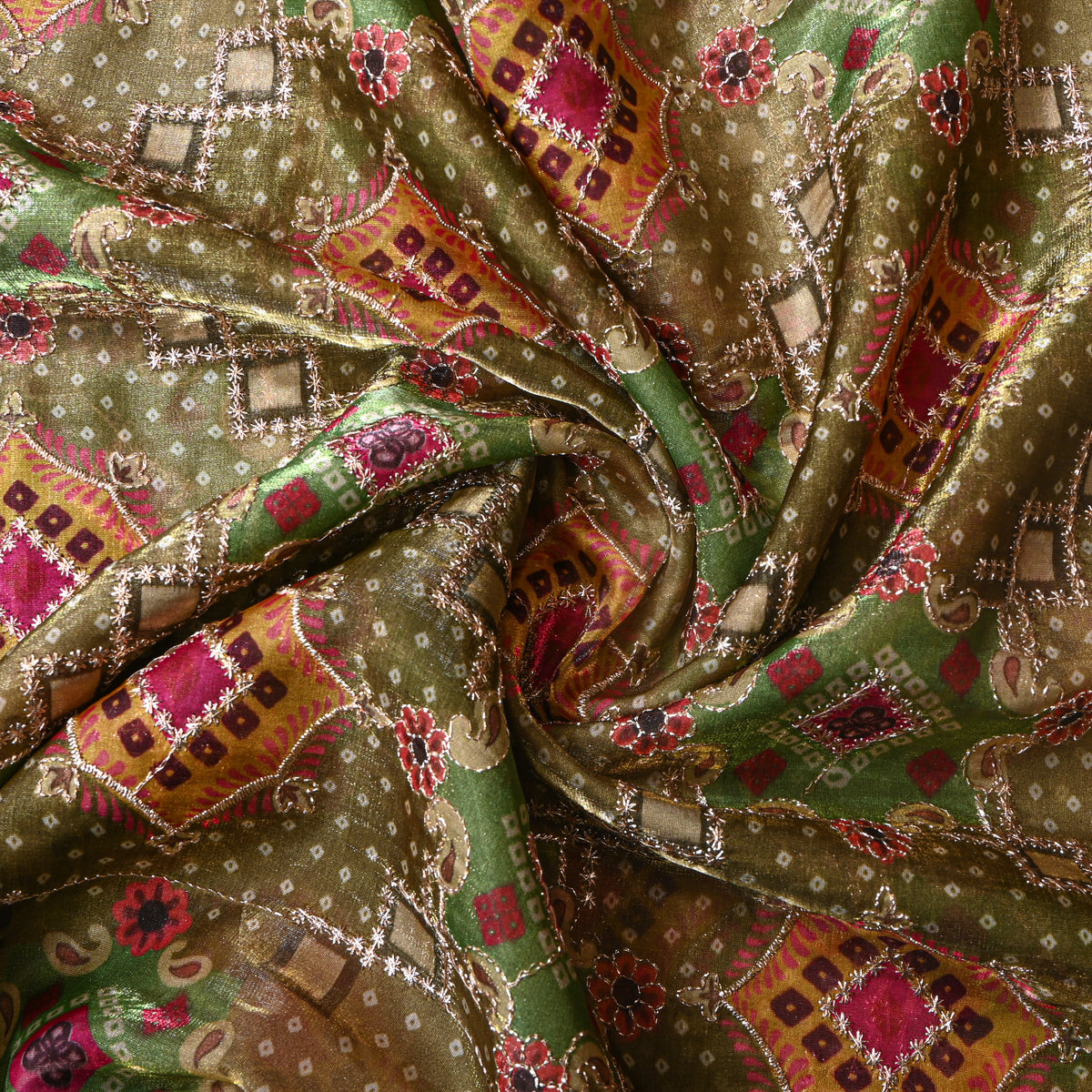 Olive Green Bandhani Geometric Print Tissue Fabric