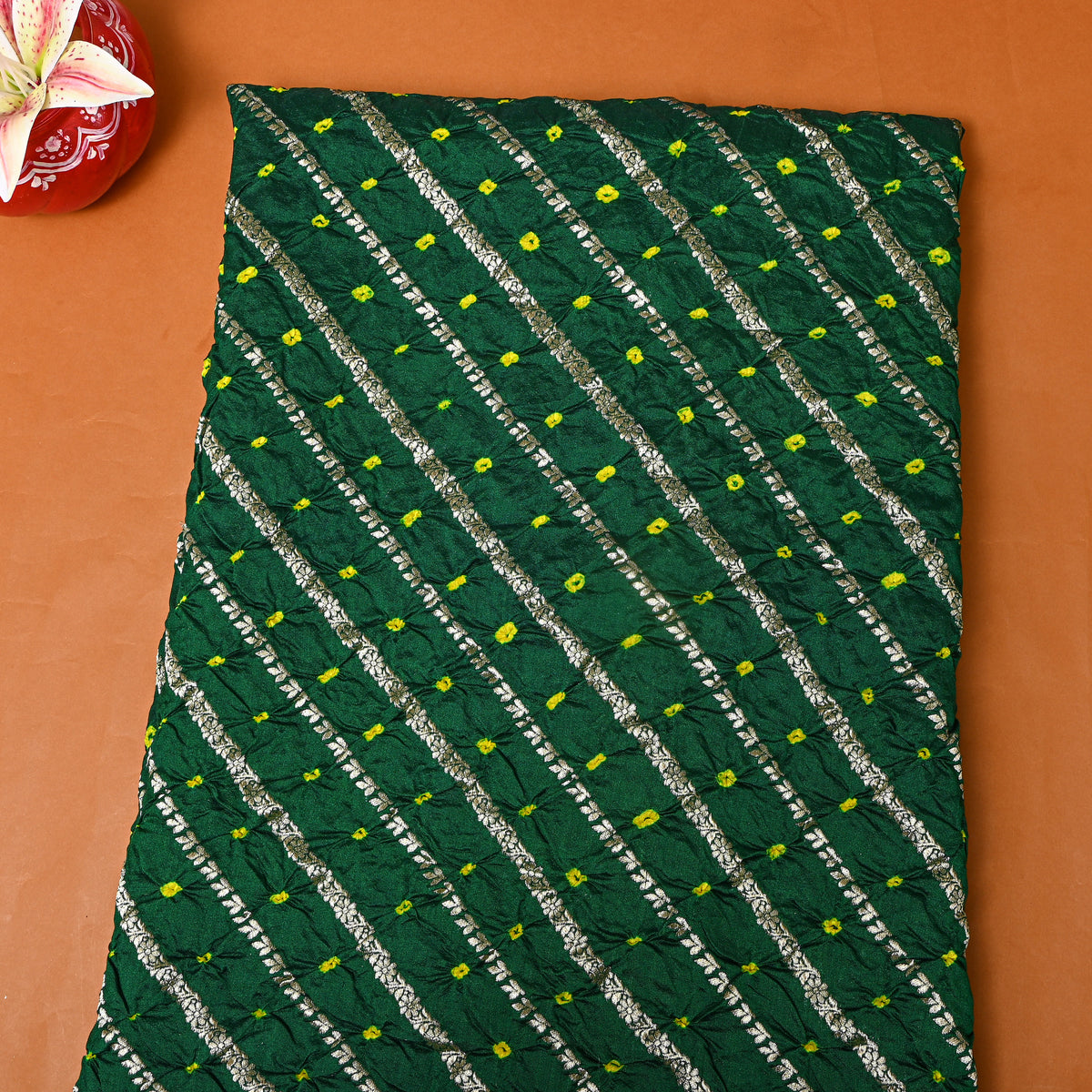 Dark Green Gold Zari Stripe Bandhani Fabric
