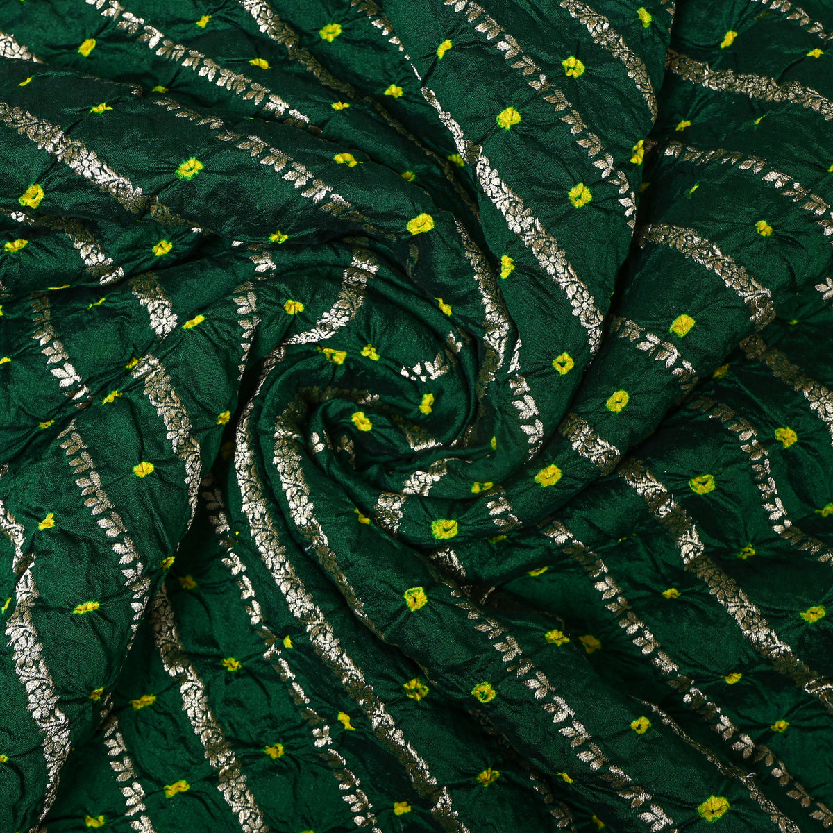 Dark Green Gold Zari Stripe Bandhani Fabric