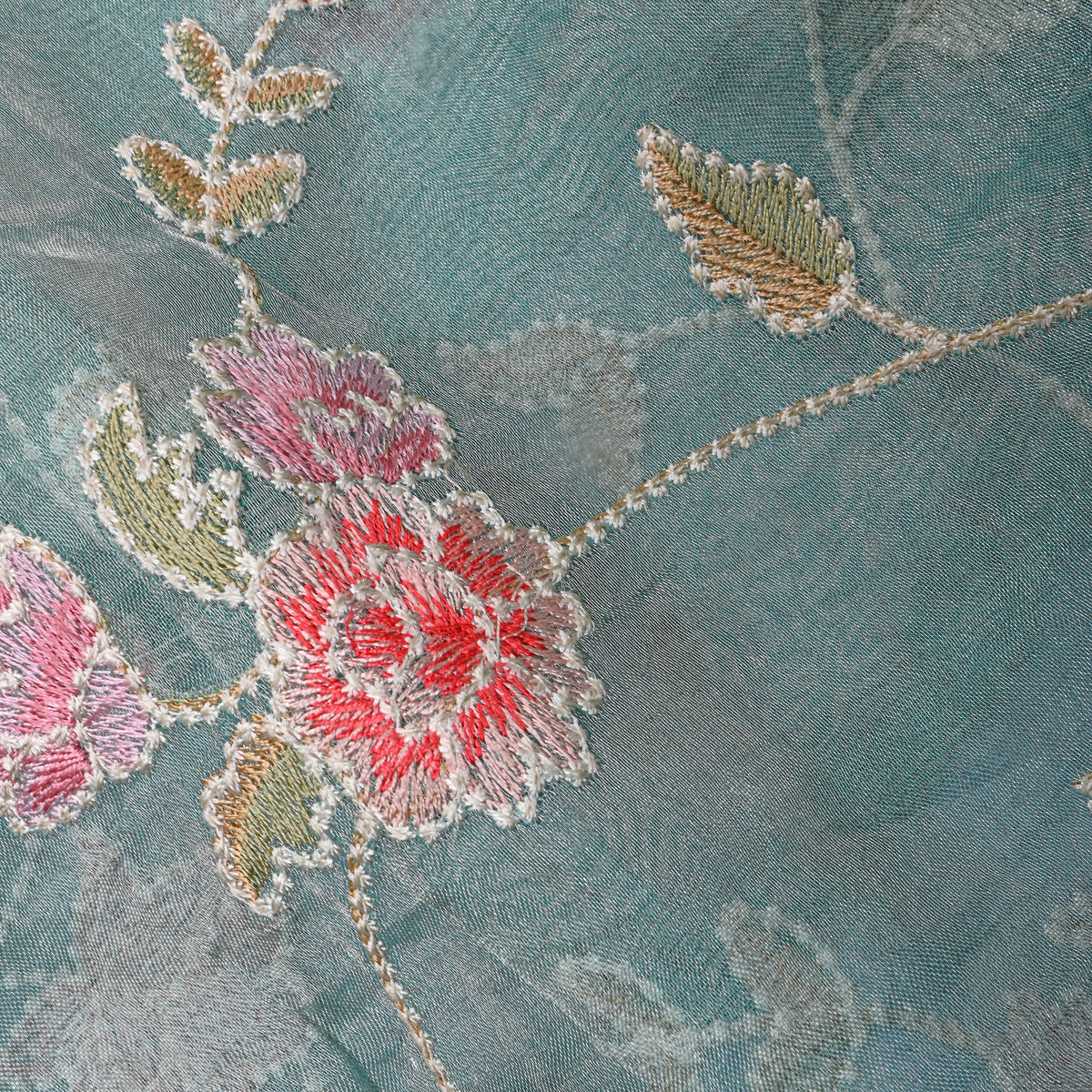 Dusty Aqua Organza Tissue With Floral Thread Embroidery