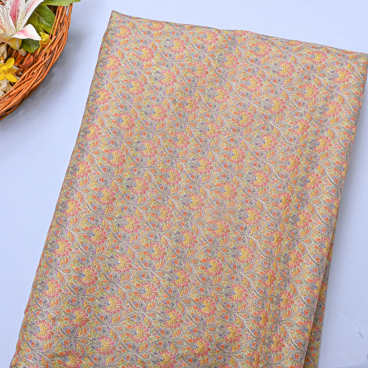 Multicolour Floral Geometric Thread Work Embroidery Organza Fabric