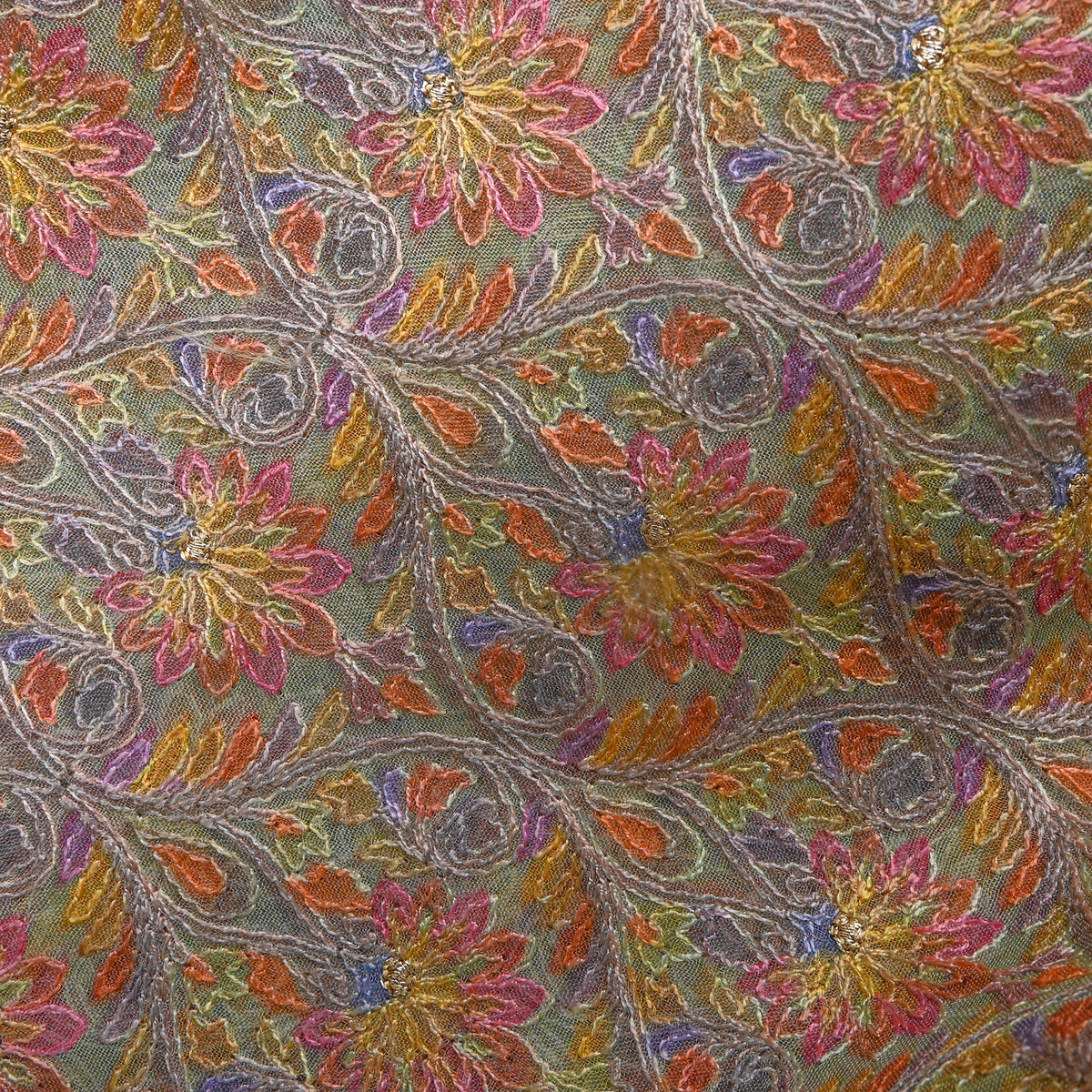 Multicolour Floral Geometric Thread Work Embroidery Organza Fabric
