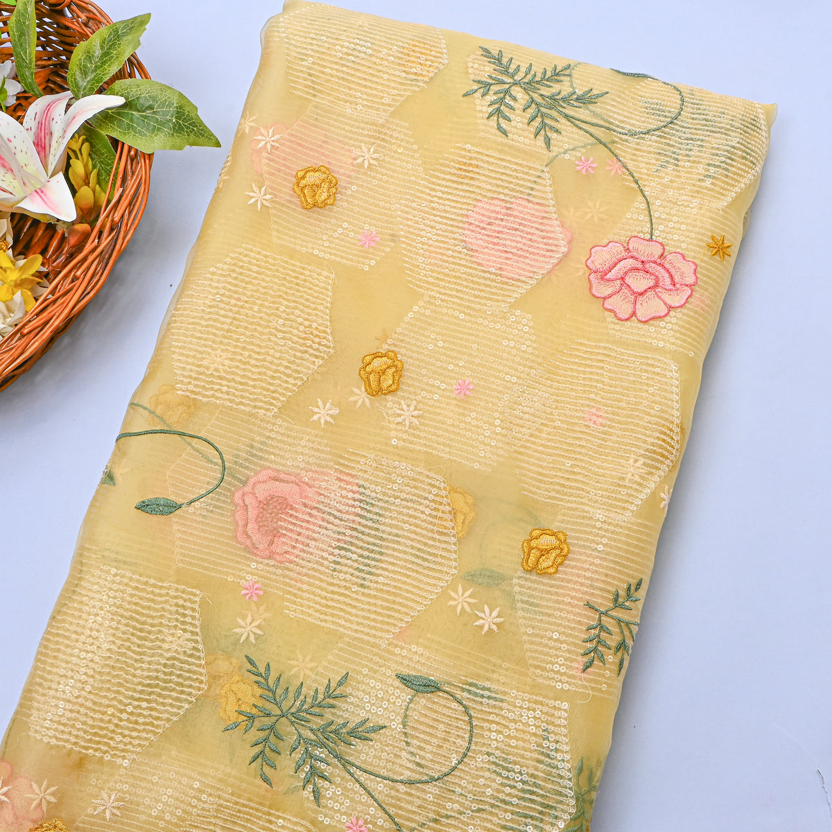 Pale Yellow Floral Thread Work Embroidery Organza Fabric