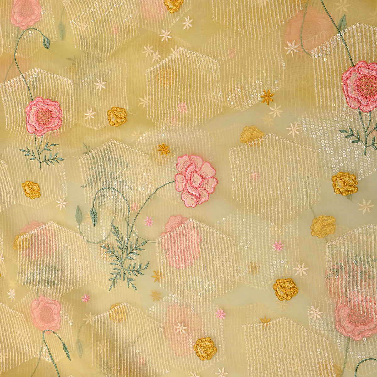 Pale Yellow Floral Thread Work Embroidery Organza Fabric