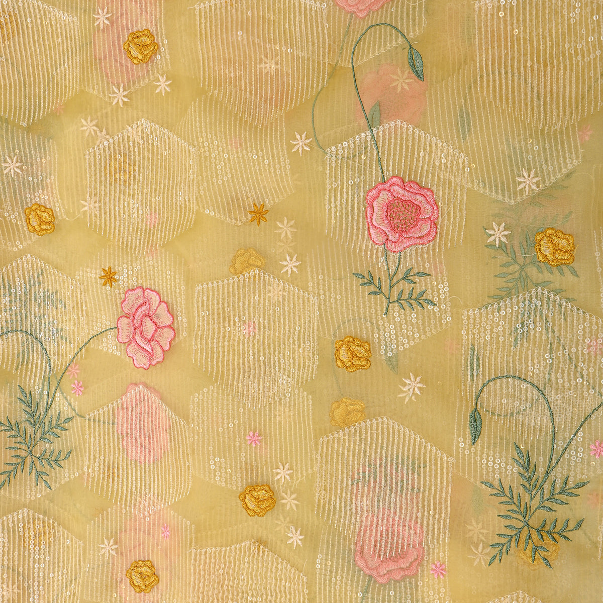 Pale Yellow Floral Thread Work Embroidery Organza Fabric