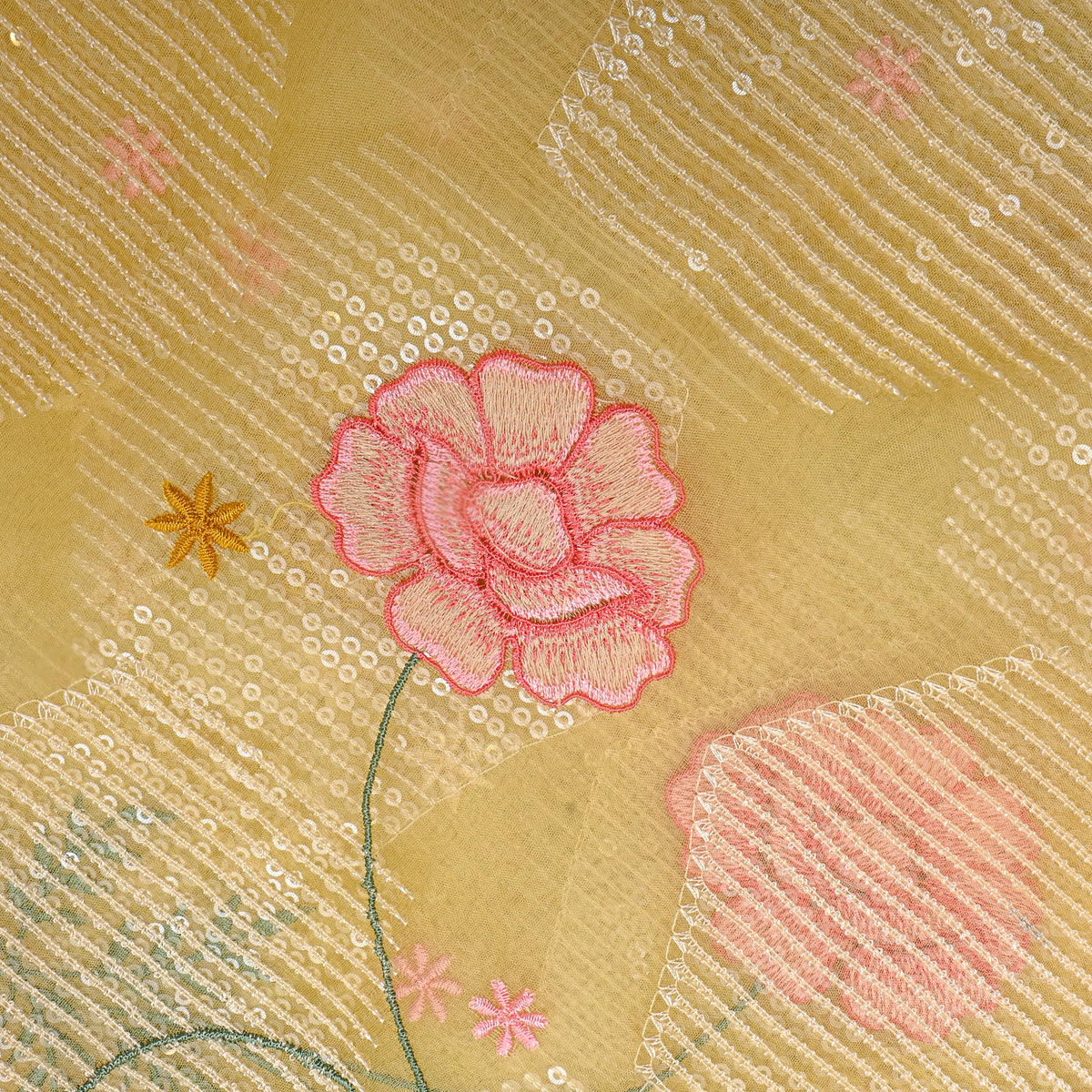 Pale Yellow Floral Thread Work Embroidery Organza Fabric