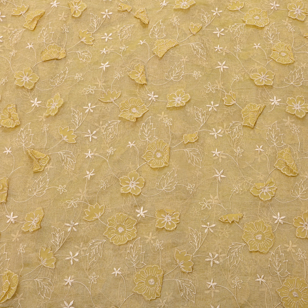Butter Yellow Floral Applique Jaal Tissue Fabric