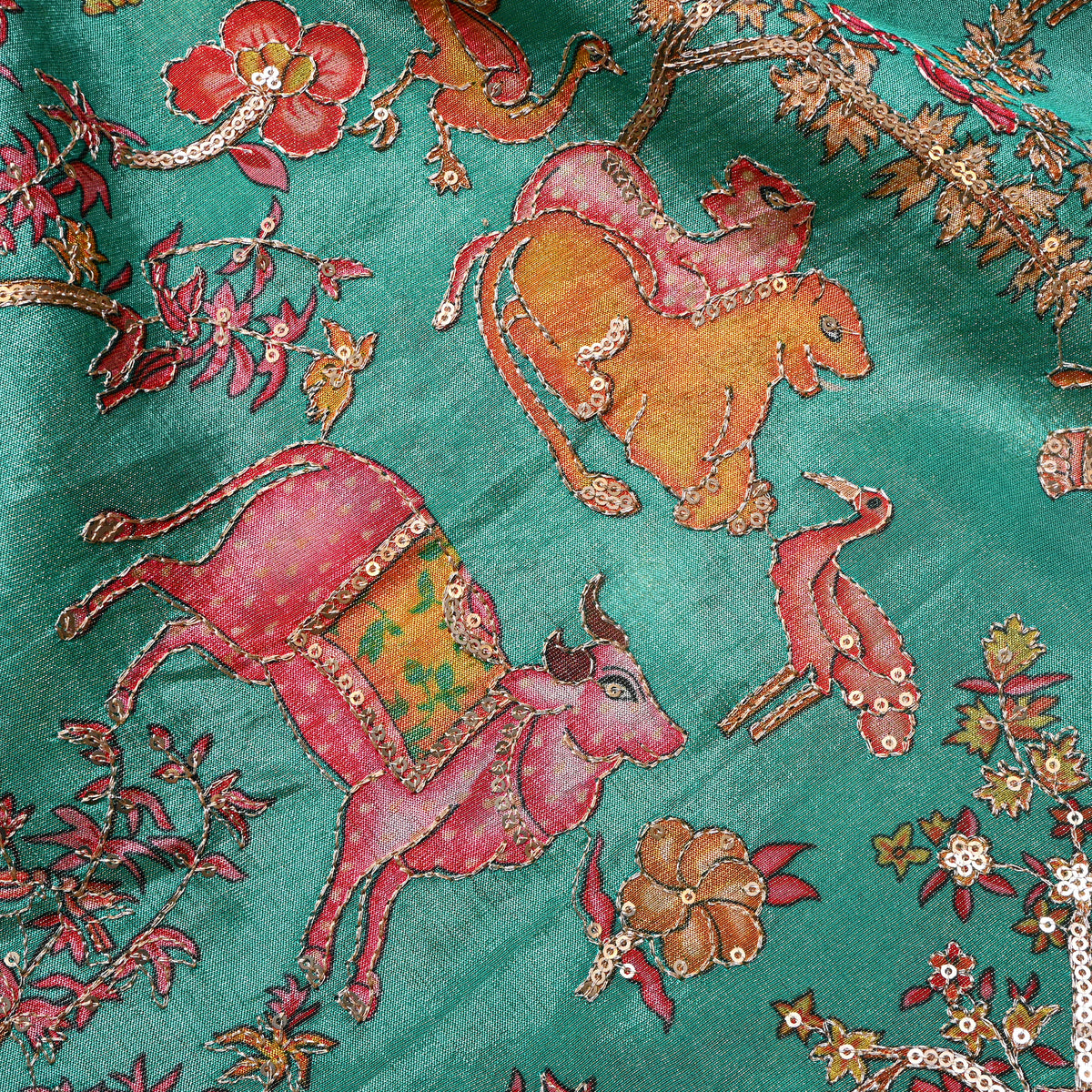 Jade Green Shikargah Sequin Embroidery Tissue Fabric