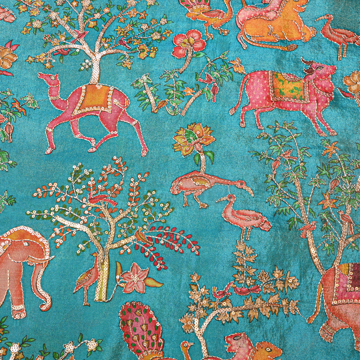 Peacock Blue Shikargah Sequin Embroidery Tissue Fabric