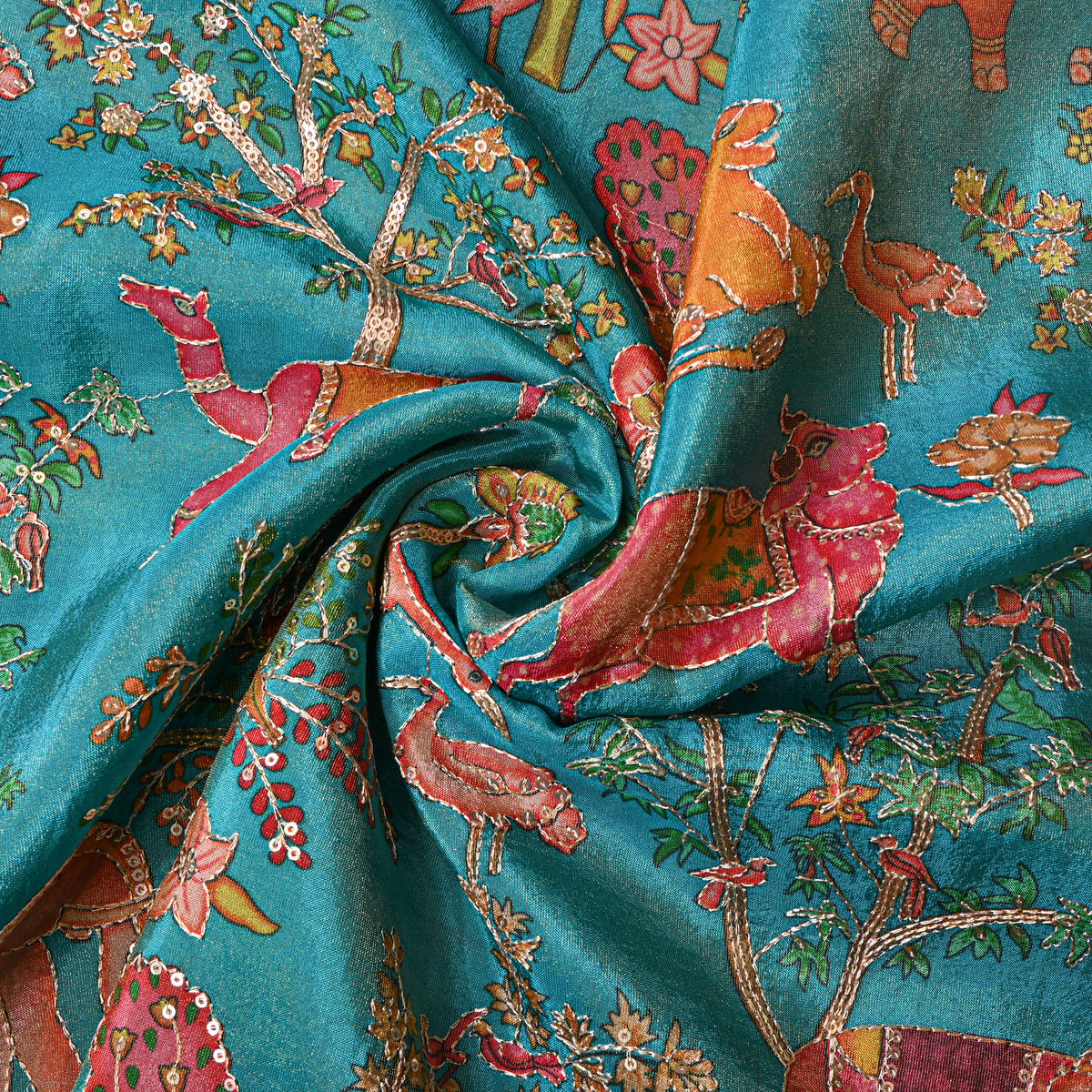 Peacock Blue Shikargah Sequin Embroidery Tissue Fabric