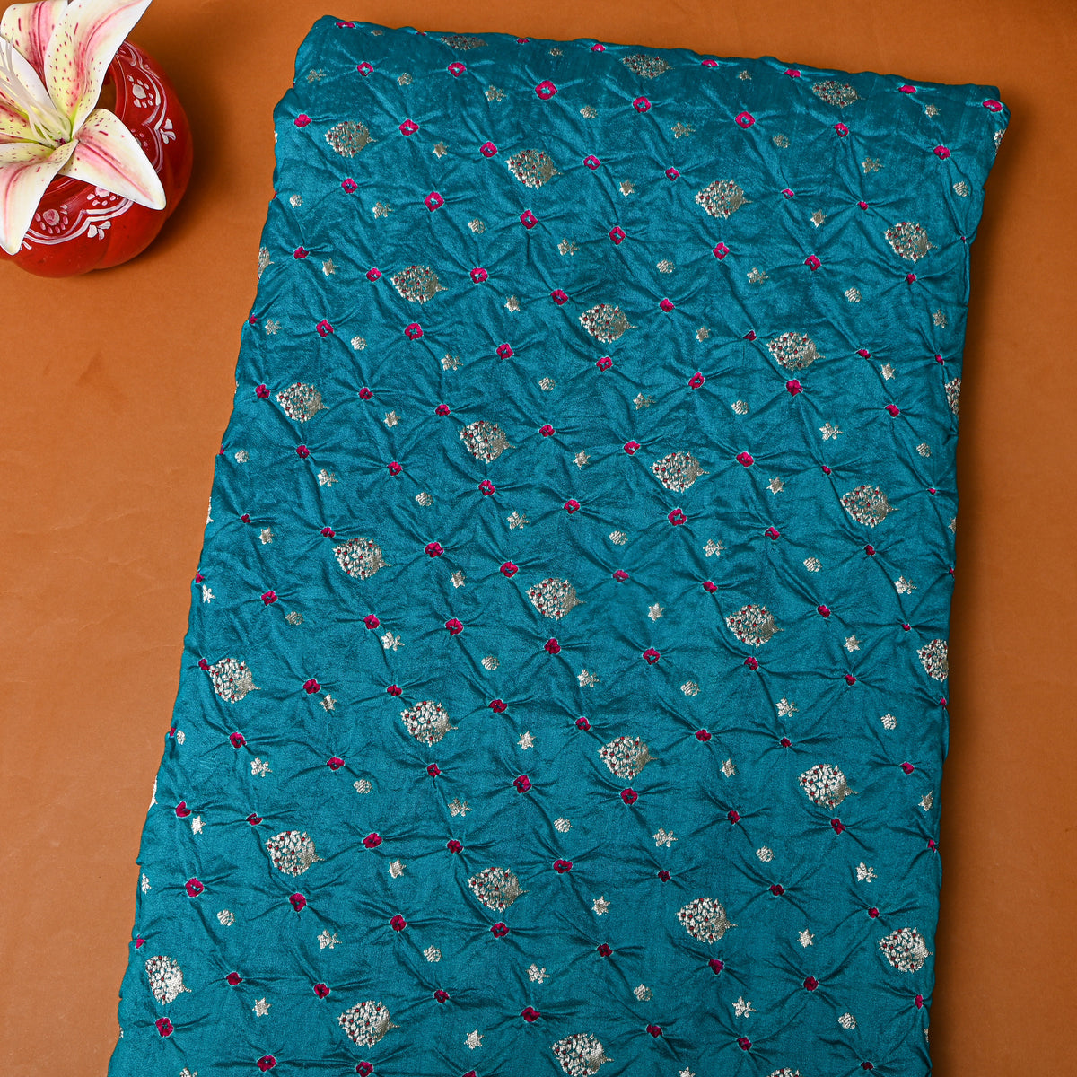Peacock Blue Silver Zari Butti Bandhani Fabric