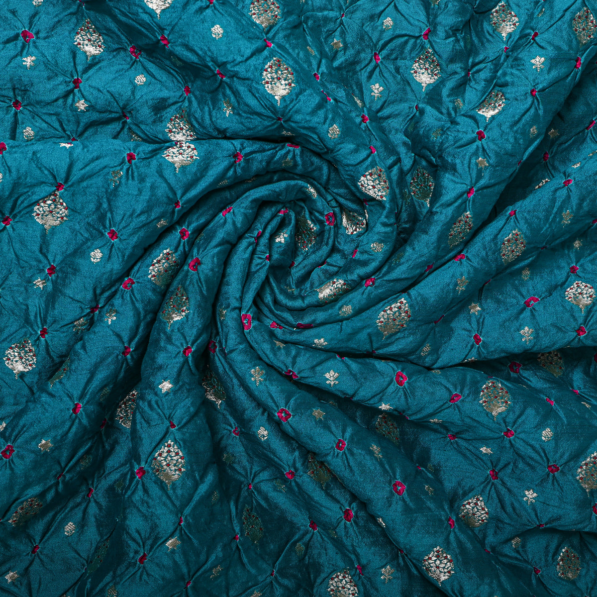 Peacock Blue Silver Zari Butti Bandhani Fabric